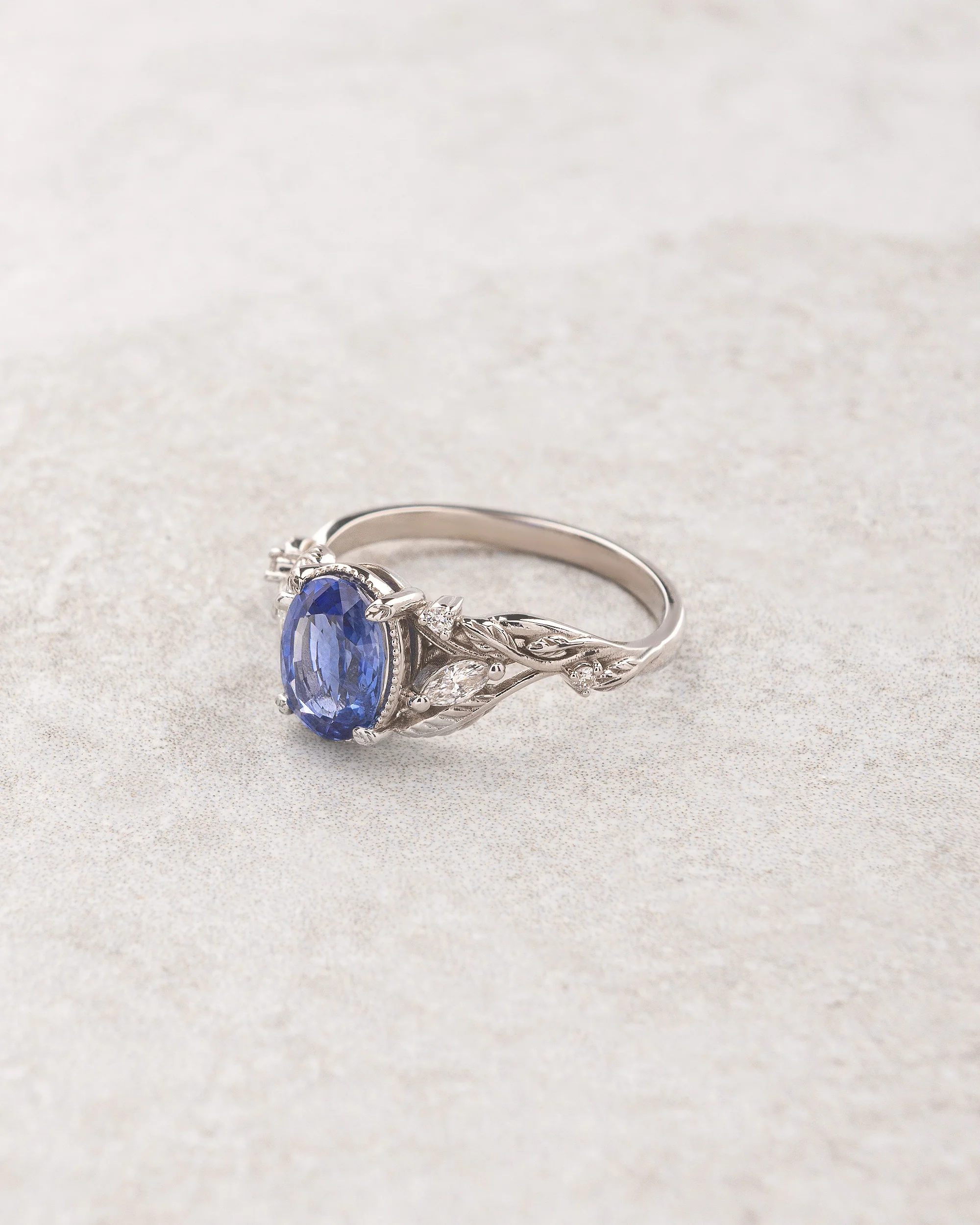 READY TO SHIP Patricia ring, 18K white gold, natural blue sapphire 8x6mm, accent lab diamonds, AVAILABLE RING SIZES: 5.5 - 8.5 US - Image 3