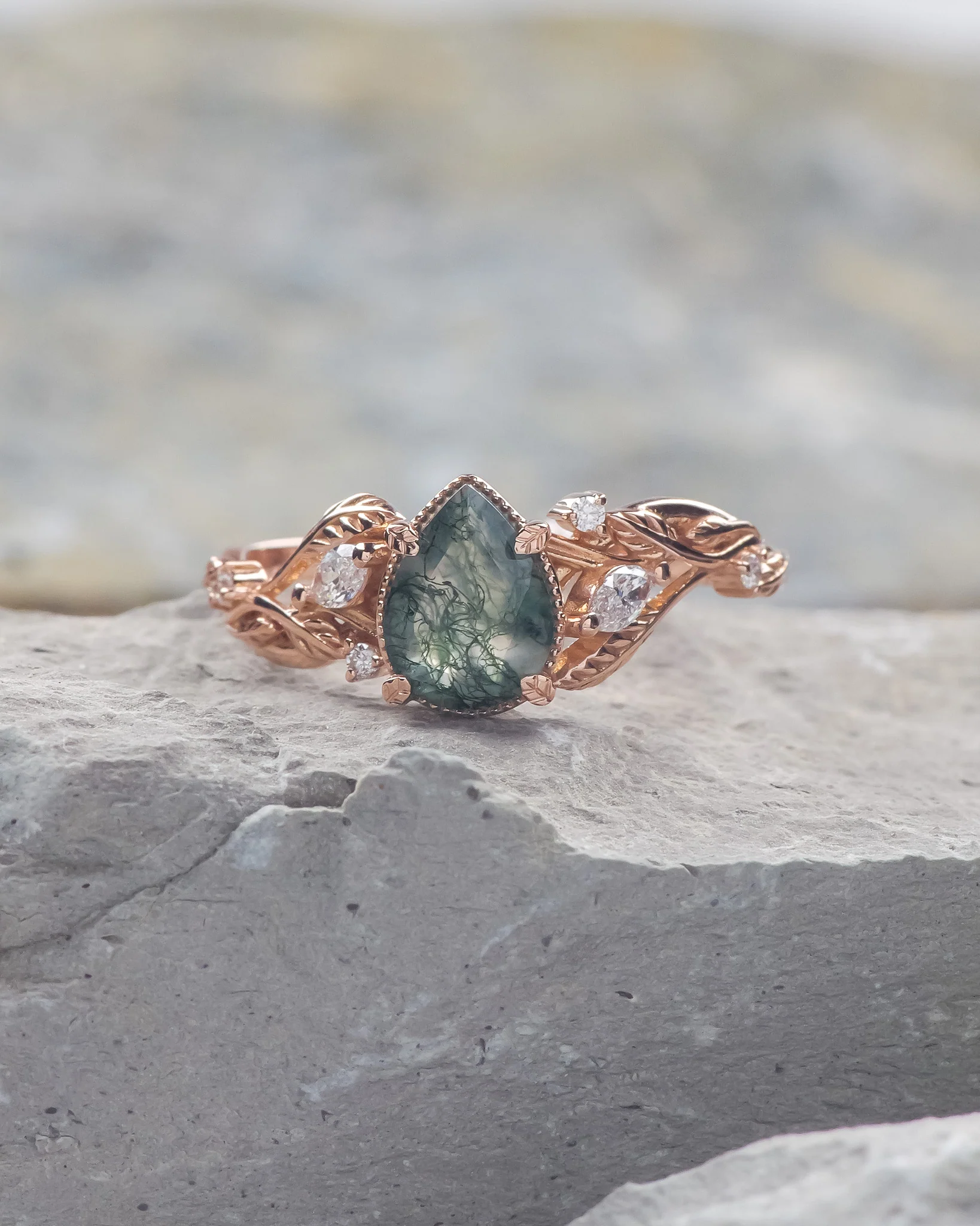 READY TO SHIP Patricia ring in 14K or 18K rose gold, natural moss agate pear cut 8x6 mm, accent lab grown diamonds, AVAILABLE RING SIZES: 4.5 - 9.5 US