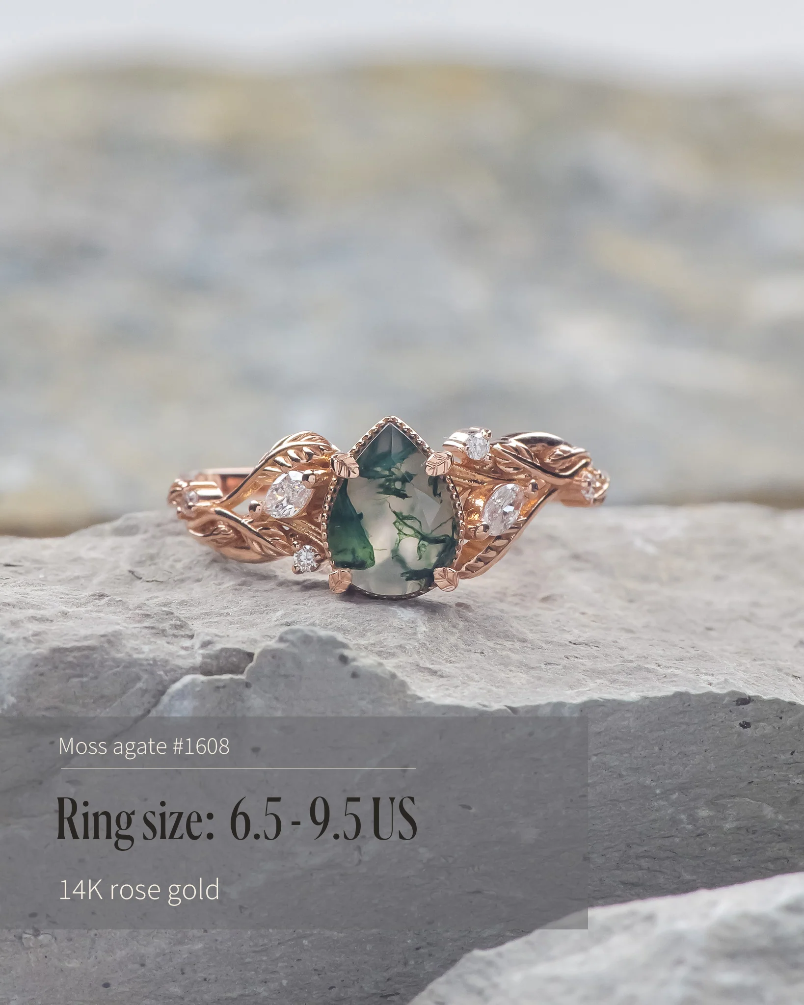 READY TO SHIP Patricia ring in 14K or 18K rose gold, natural moss agate pear cut 8x6 mm, accent lab grown diamonds, AVAILABLE RING SIZES: 4.5 - 9.5 US - Image 3