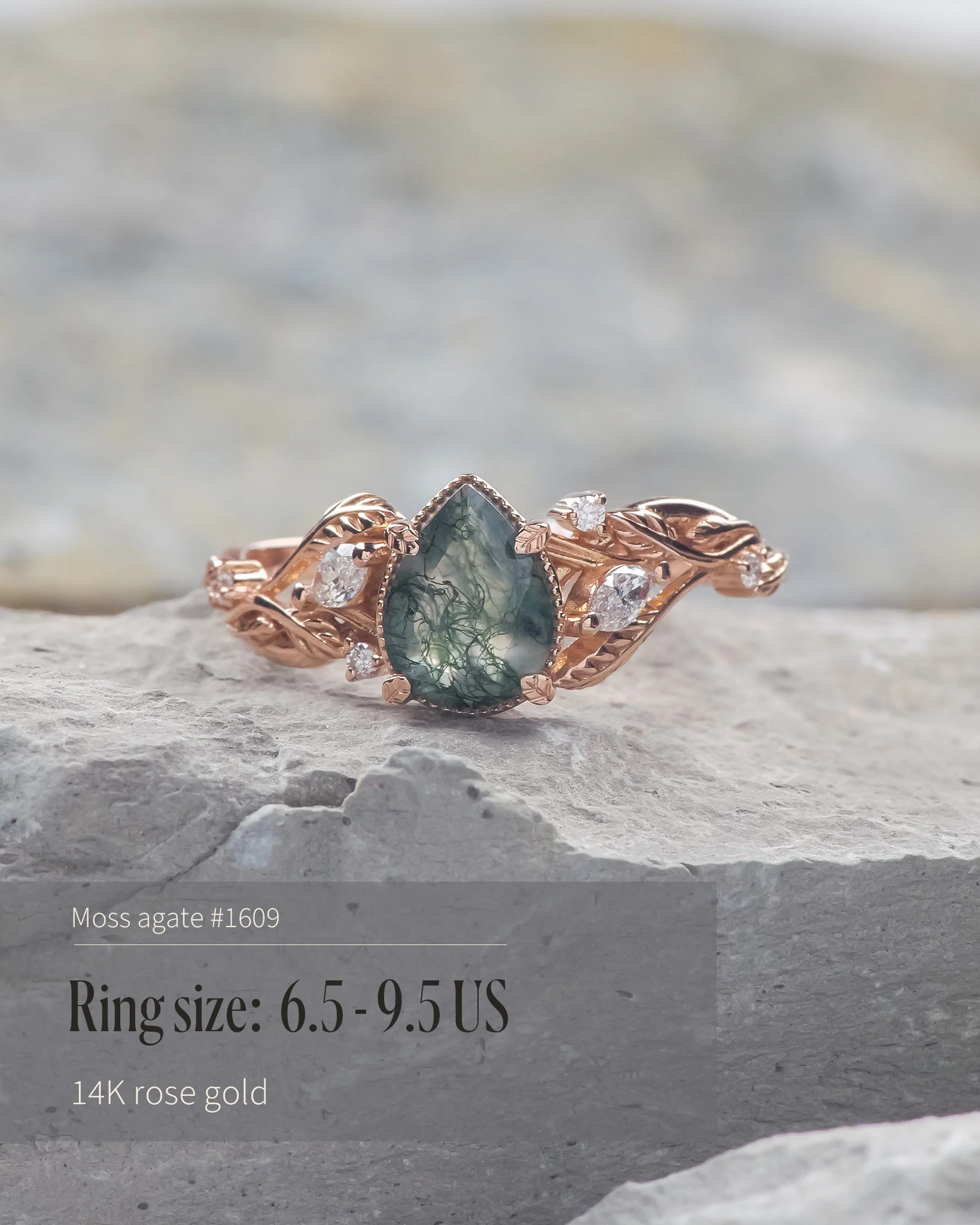 READY TO SHIP Patricia ring in 14K or 18K rose gold, natural moss agate pear cut 8x6 mm, accent lab grown diamonds, AVAILABLE RING SIZES: 4.5 - 9.5 US - Image 4