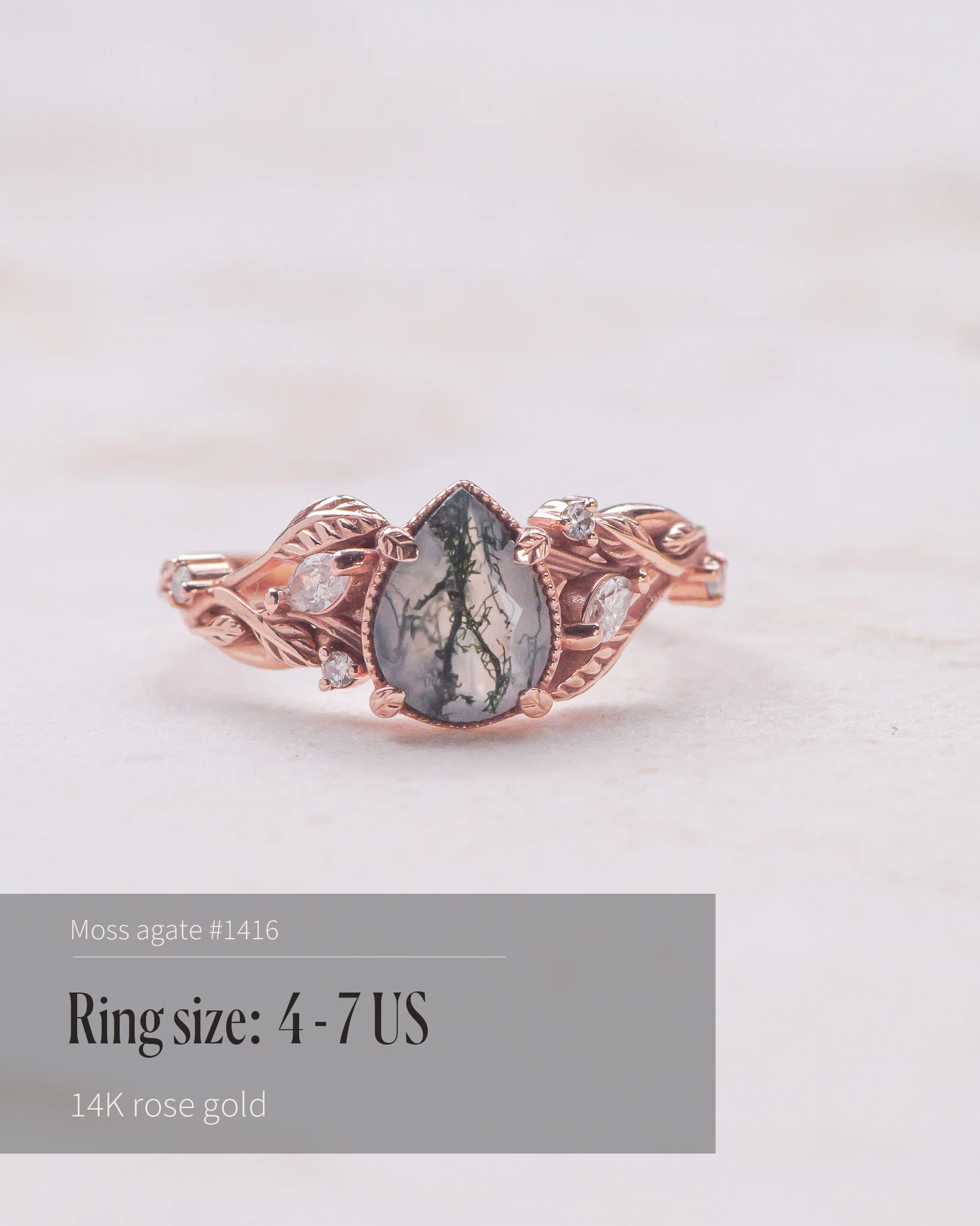 READY TO SHIP Patricia ring in 14K or 18K rose gold, natural moss agate pear cut 8x6 mm, accent lab grown diamonds, AVAILABLE RING SIZES: 4.5 - 9.5 US - Image 5