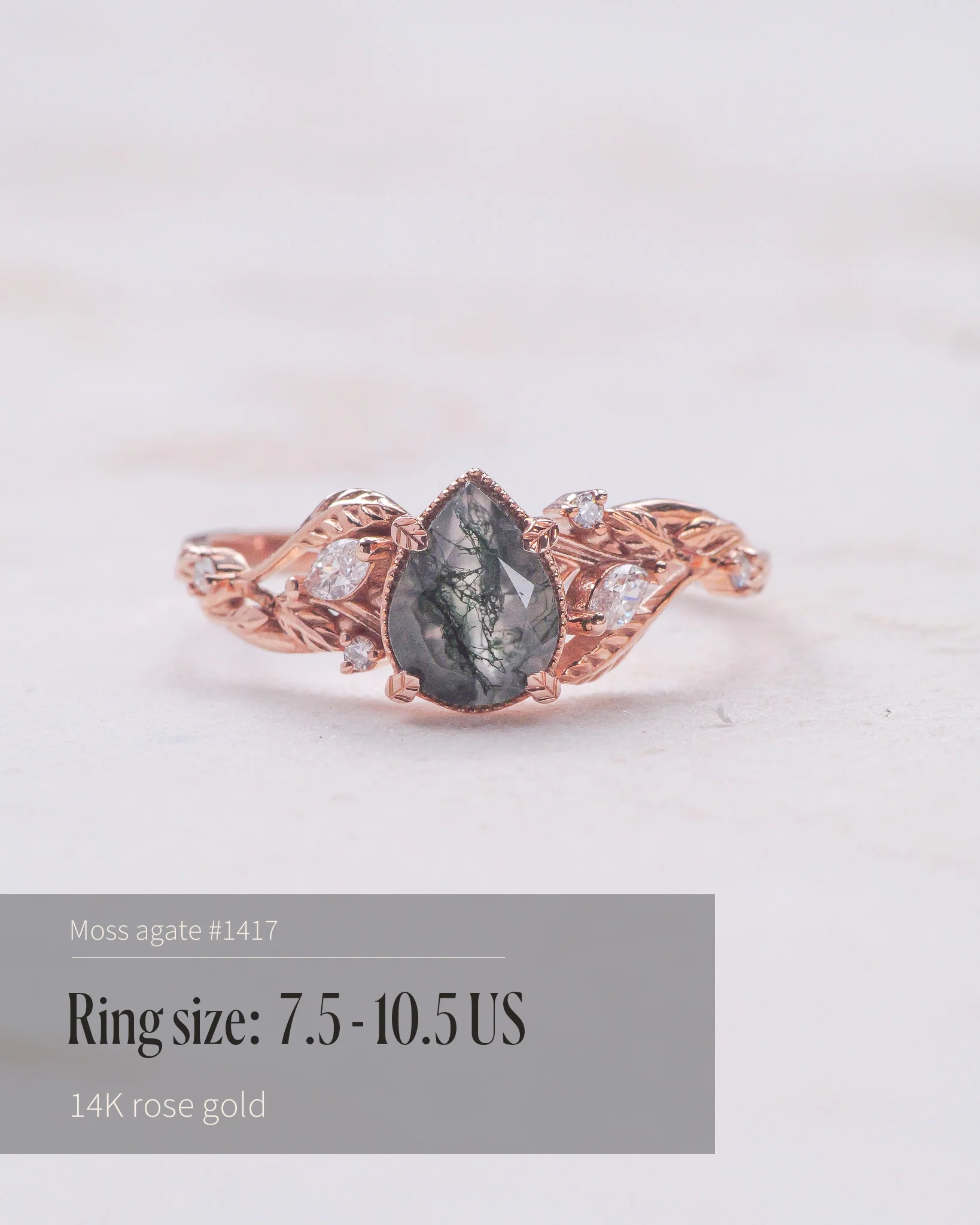 READY TO SHIP Patricia ring in 14K or 18K rose gold, natural moss agate pear cut 8x6 mm, accent lab grown diamonds, AVAILABLE RING SIZES: 4.5 - 9.5 US - Image 6