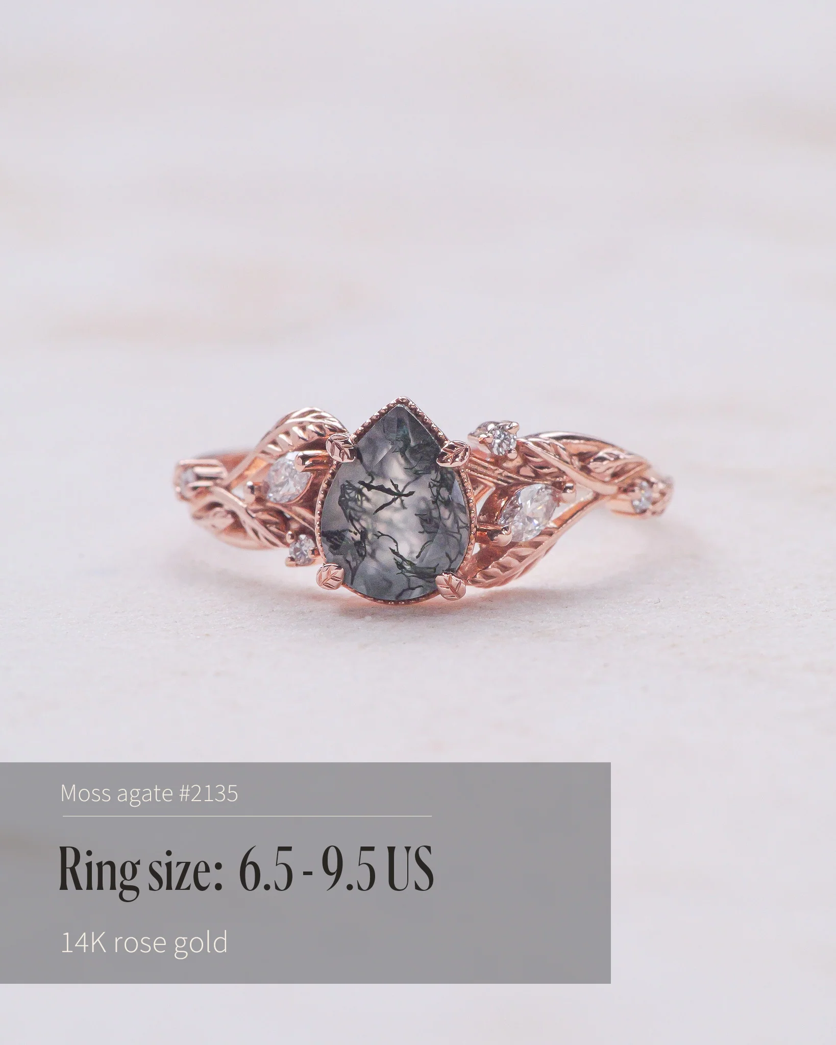 READY TO SHIP Patricia ring in 14K or 18K rose gold, natural moss agate pear cut 8x6 mm, accent lab grown diamonds, AVAILABLE RING SIZES: 4.5 - 9.5 US - Image 7