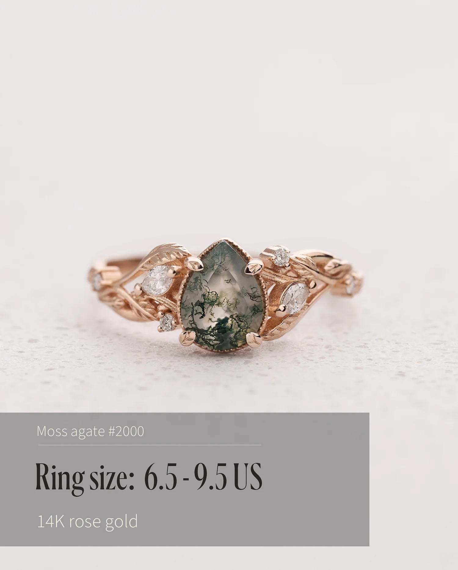 READY TO SHIP Patricia ring in 14K or 18K rose gold, natural moss agate pear cut 8x6 mm, accent lab grown diamonds, AVAILABLE RING SIZES: 4.5 - 9.5 US - Image 8