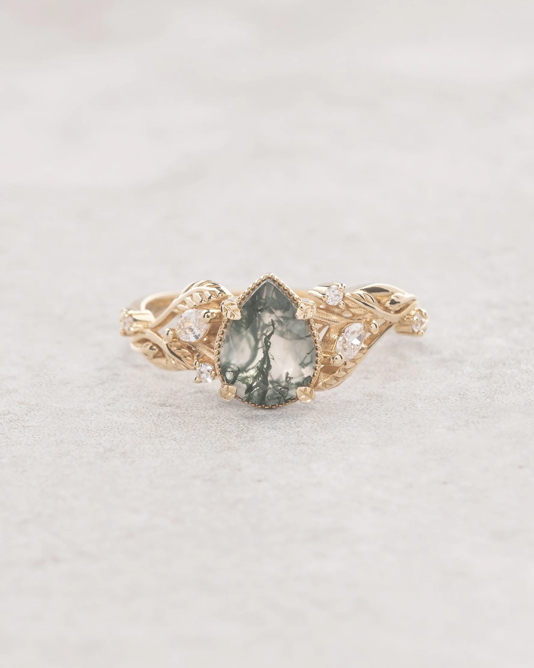 READY TO SHIP Patricia ring in 14K or 18K yellow gold, natural moss agate pear cut 8x6 mm, accent lab grown diamonds, AVAILABLE RING SIZES: 5.5 - 10.5 US
