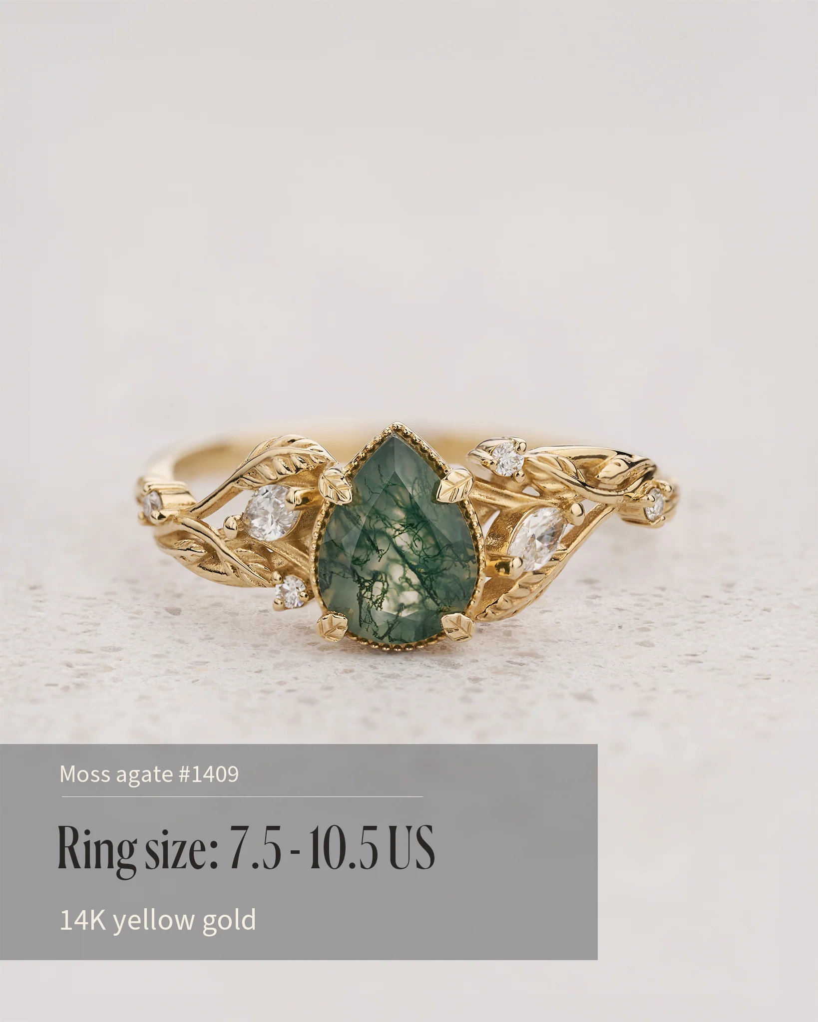READY TO SHIP Patricia ring in 14K or 18K yellow gold, natural moss agate pear cut 8x6 mm, accent lab grown diamonds, AVAILABLE RING SIZES: 5.5 - 10.5 US - Image 10