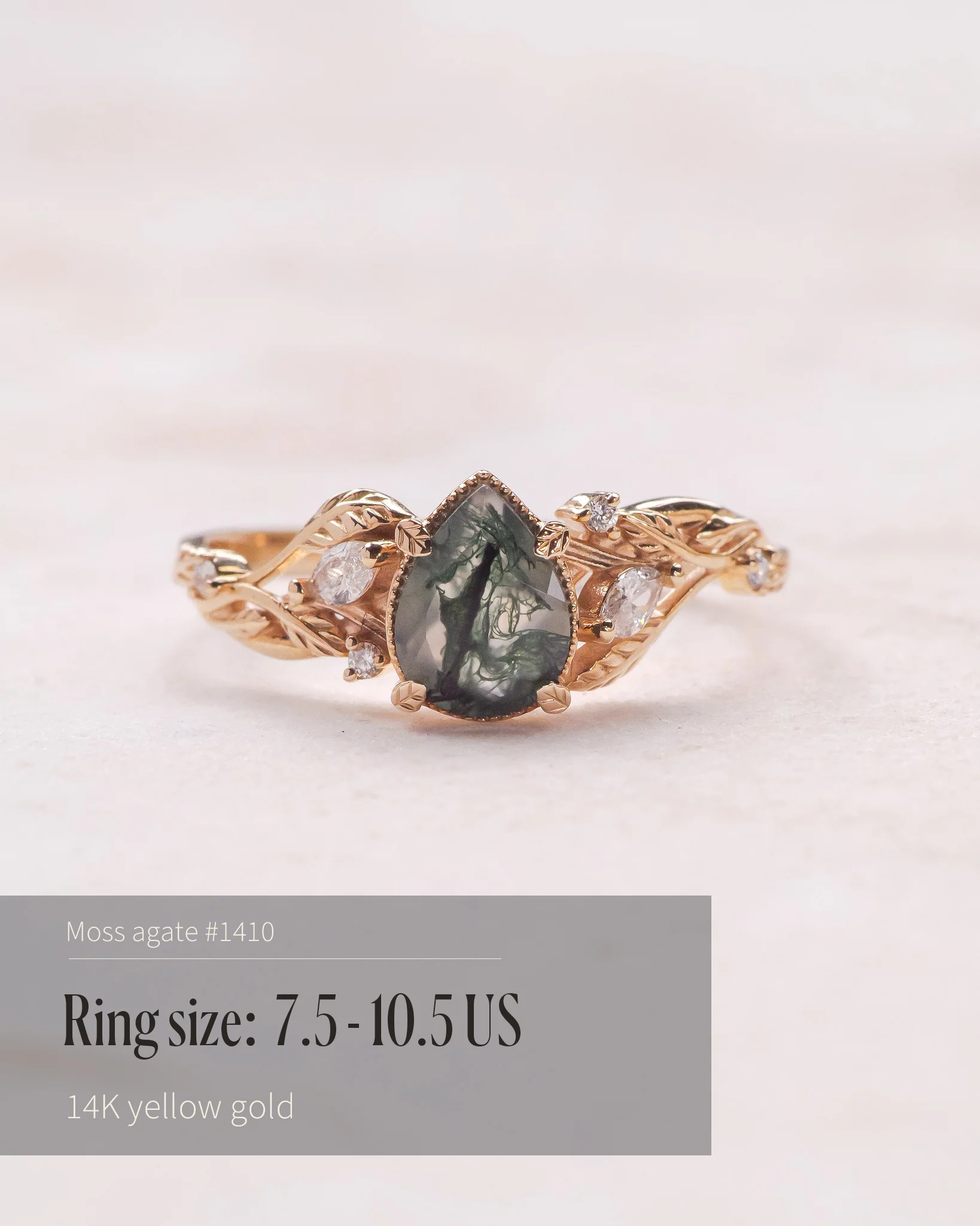 READY TO SHIP Patricia ring in 14K or 18K yellow gold, natural moss agate pear cut 8x6 mm, accent lab grown diamonds, AVAILABLE RING SIZES: 5.5 - 10.5 US - Image 11