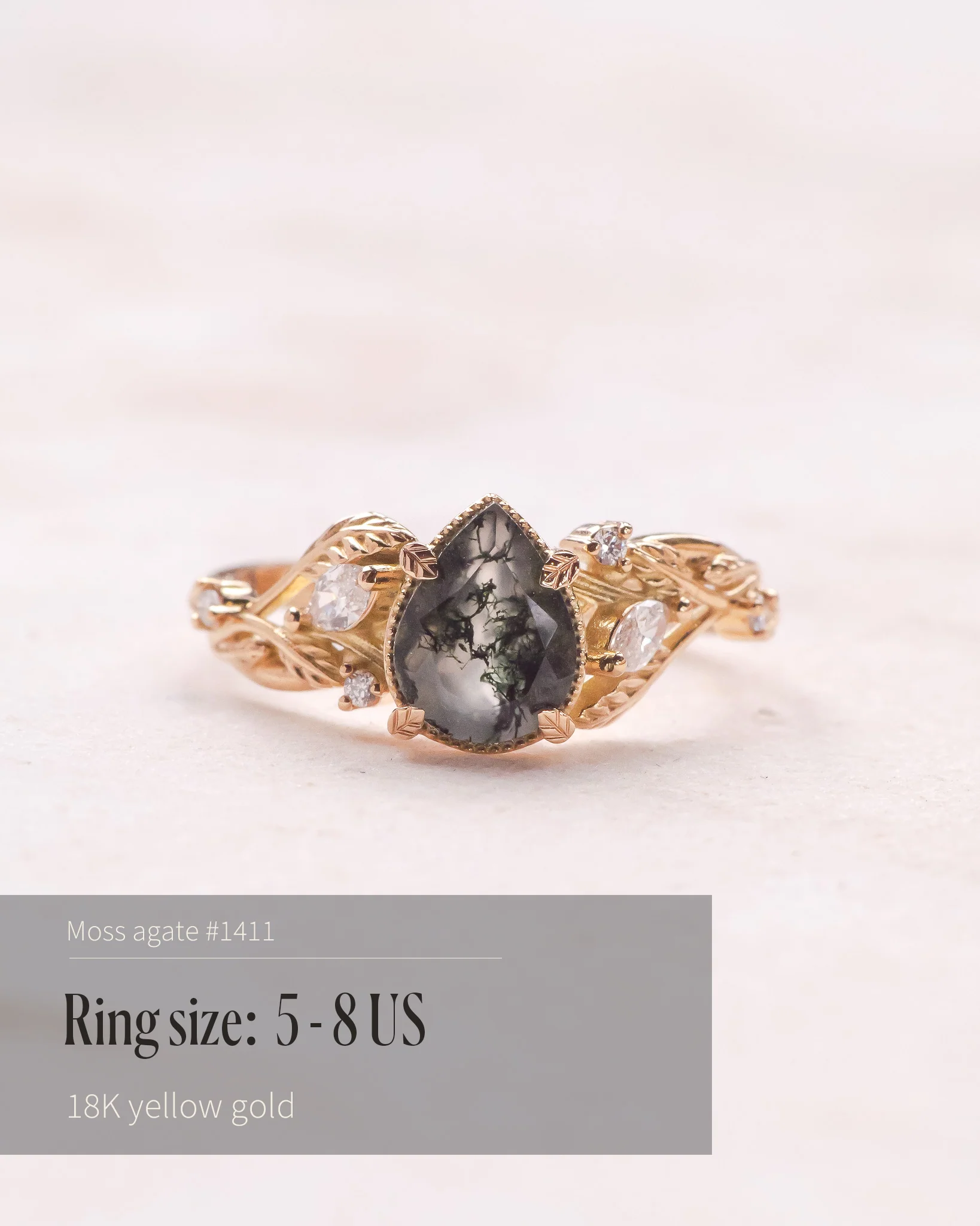 READY TO SHIP Patricia ring in 14K or 18K yellow gold, natural moss agate pear cut 8x6 mm, accent lab grown diamonds, AVAILABLE RING SIZES: 5.5 - 10.5 US - Image 12
