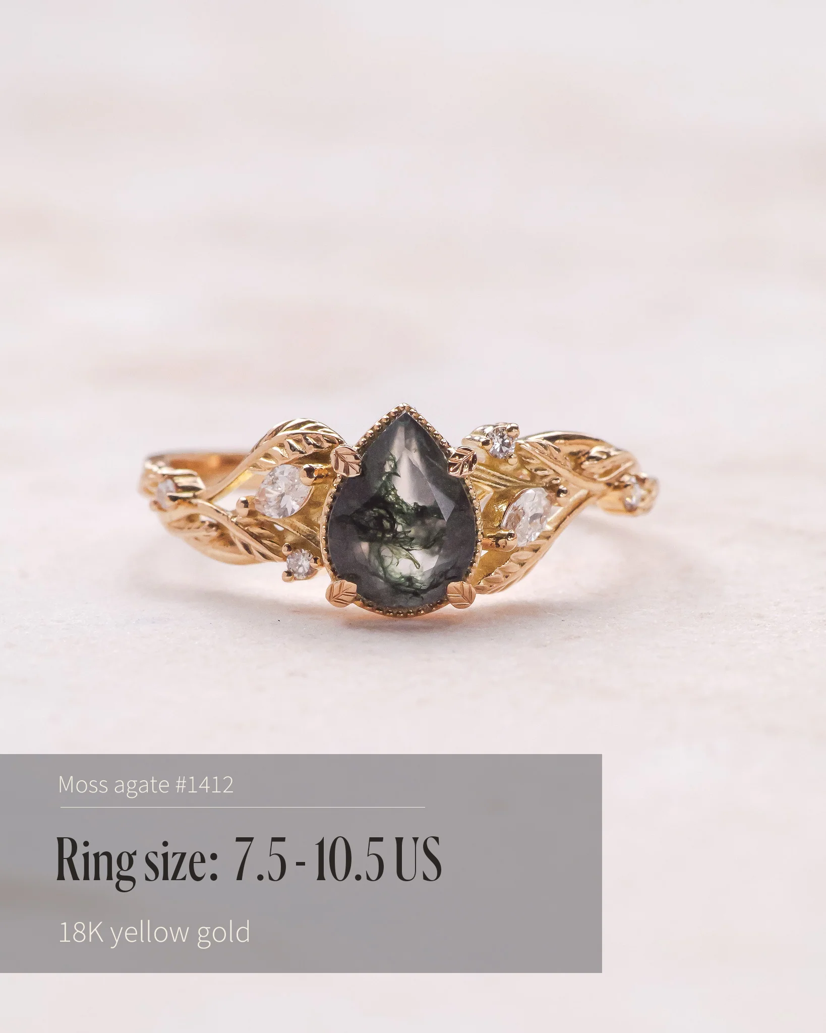 READY TO SHIP Patricia ring in 14K or 18K yellow gold, natural moss agate pear cut 8x6 mm, accent lab grown diamonds, AVAILABLE RING SIZES: 5.5 - 10.5 US - Image 13