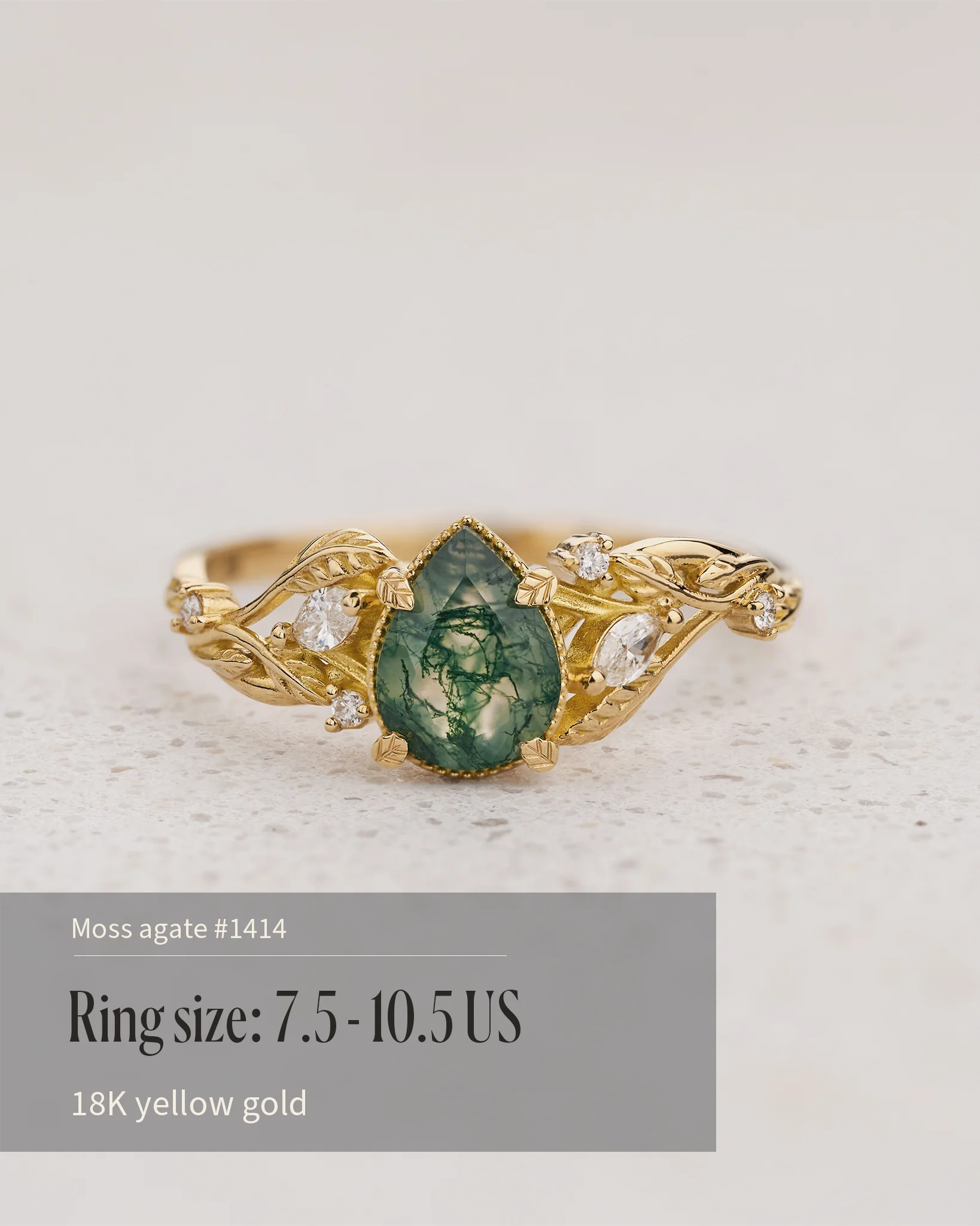 READY TO SHIP Patricia ring in 14K or 18K yellow gold, natural moss agate pear cut 8x6 mm, accent lab grown diamonds, AVAILABLE RING SIZES: 5.5 - 10.5 US - Image 14