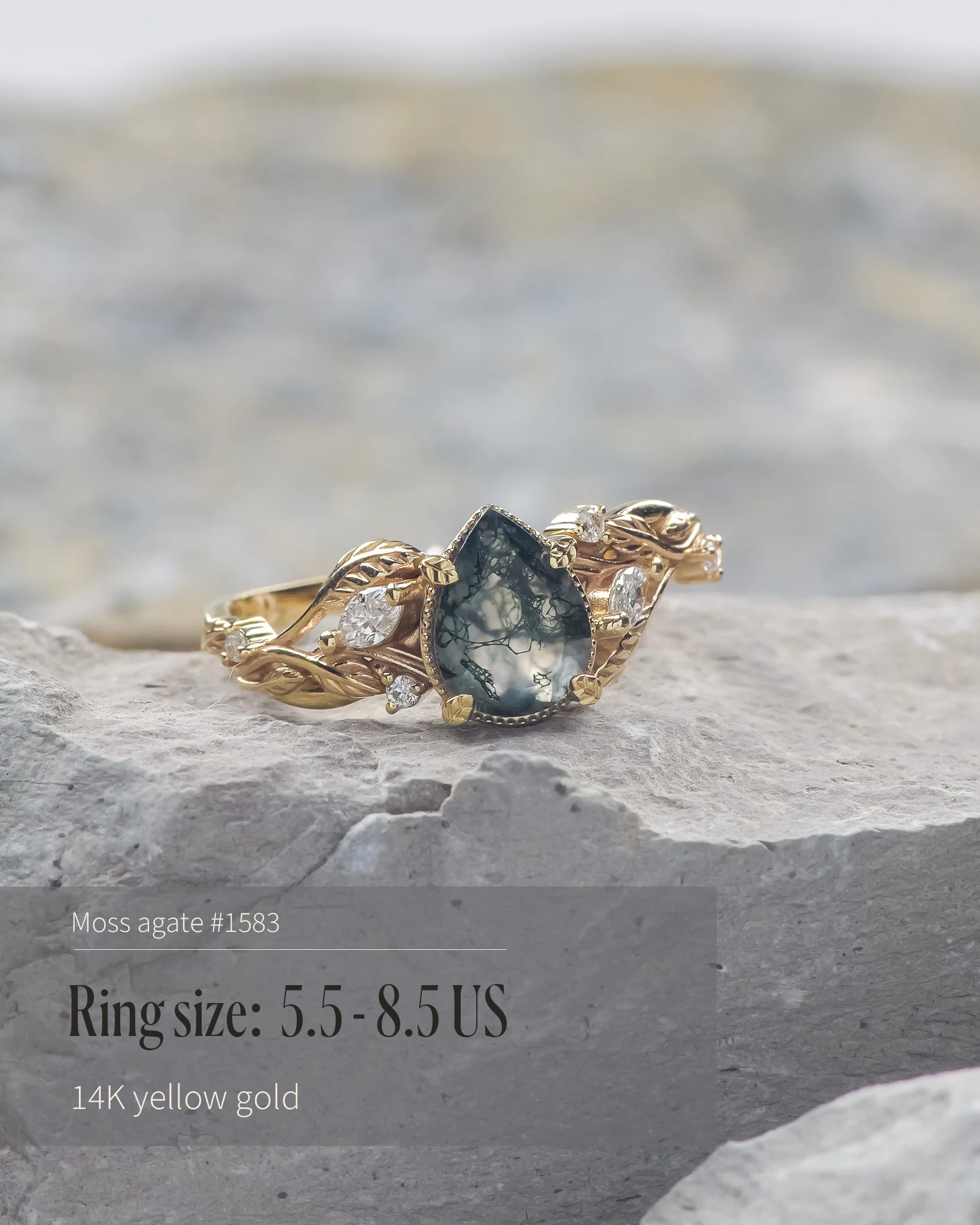READY TO SHIP Patricia ring in 14K or 18K yellow gold, natural moss agate pear cut 8x6 mm, accent lab grown diamonds, AVAILABLE RING SIZES: 5.5 - 10.5 US - Image 2