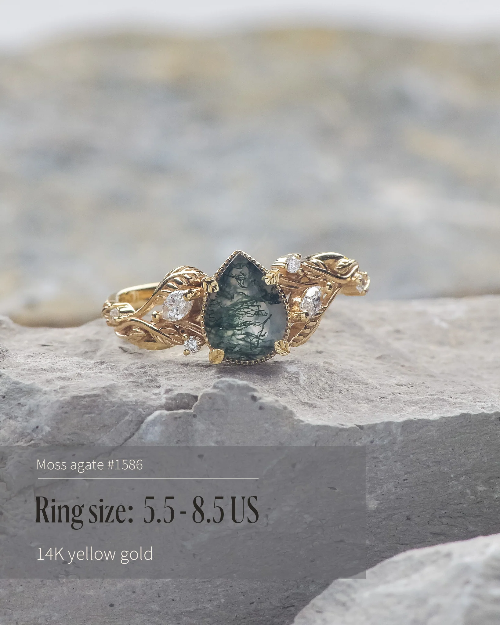 READY TO SHIP Patricia ring in 14K or 18K yellow gold, natural moss agate pear cut 8x6 mm, accent lab grown diamonds, AVAILABLE RING SIZES: 5.5 - 10.5 US - Image 3