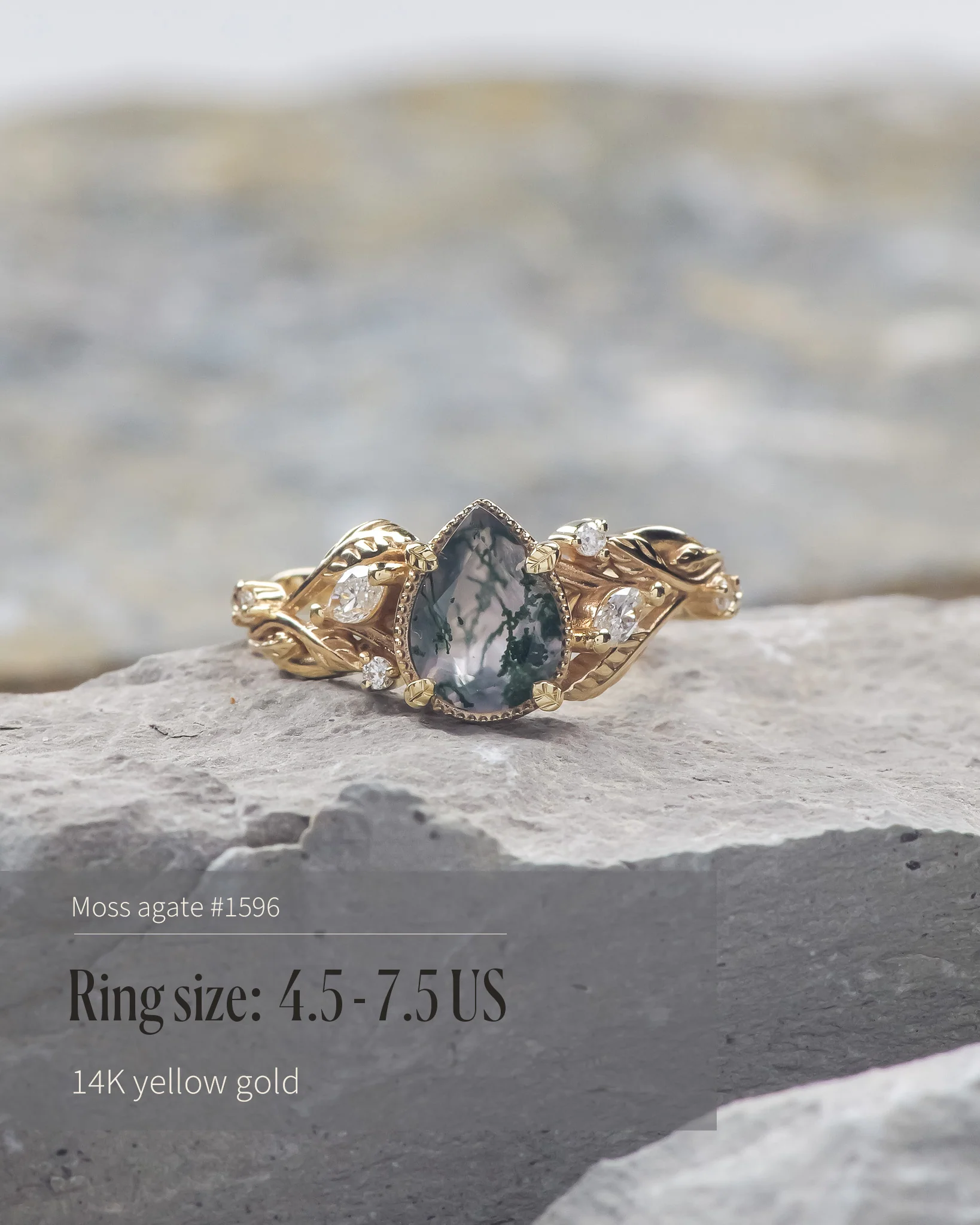READY TO SHIP Patricia ring in 14K or 18K yellow gold, natural moss agate pear cut 8x6 mm, accent lab grown diamonds, AVAILABLE RING SIZES: 5.5 - 10.5 US - Image 4