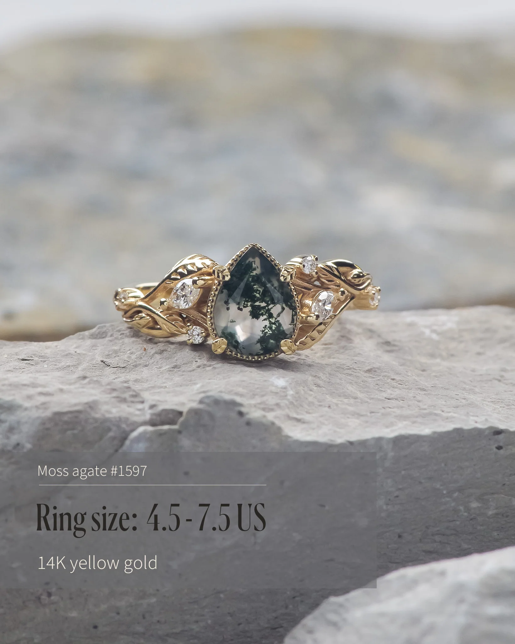 READY TO SHIP Patricia ring in 14K or 18K yellow gold, natural moss agate pear cut 8x6 mm, accent lab grown diamonds, AVAILABLE RING SIZES: 5.5 - 10.5 US - Image 5