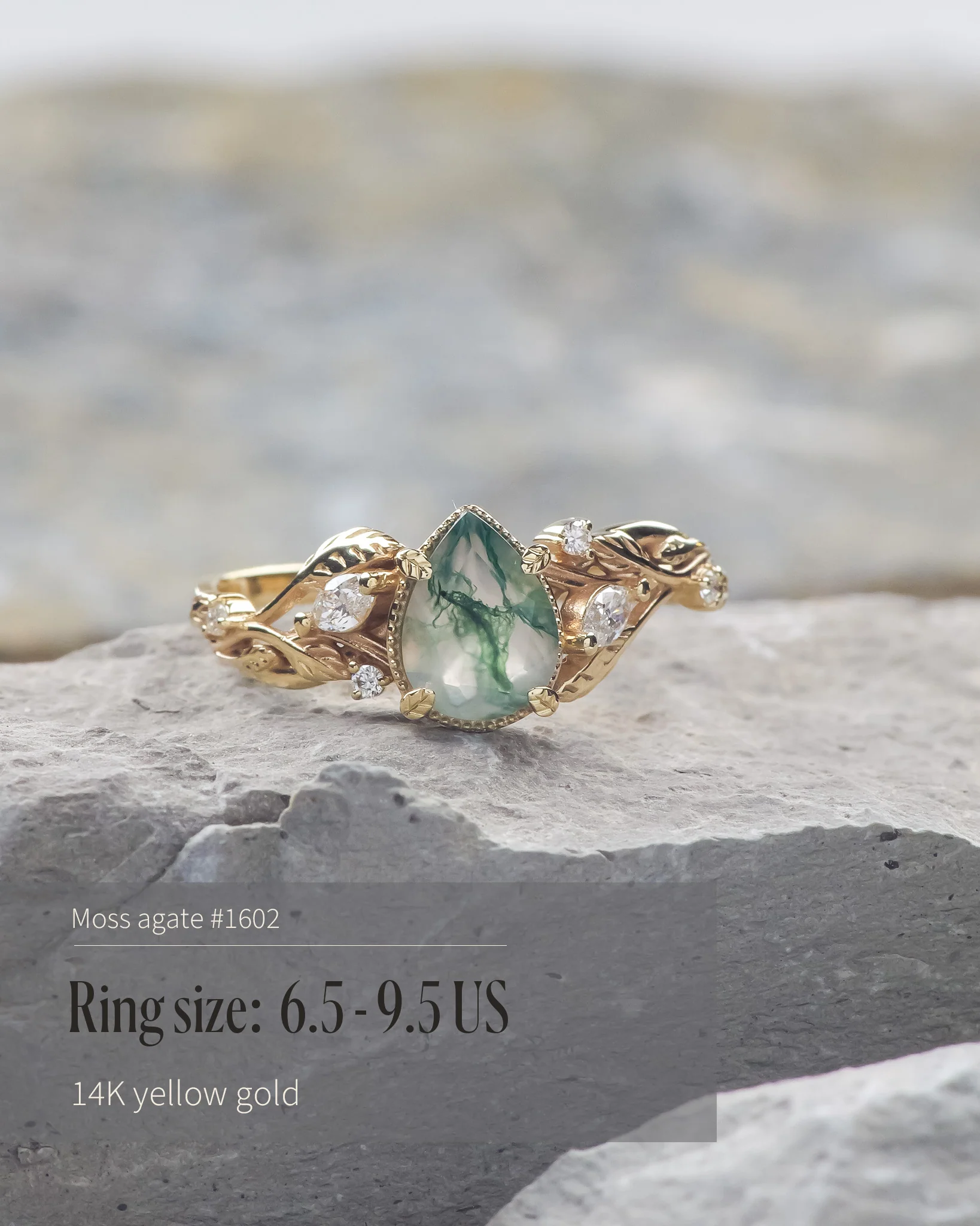 READY TO SHIP Patricia ring in 14K or 18K yellow gold, natural moss agate pear cut 8x6 mm, accent lab grown diamonds, AVAILABLE RING SIZES: 5.5 - 10.5 US - Image 6