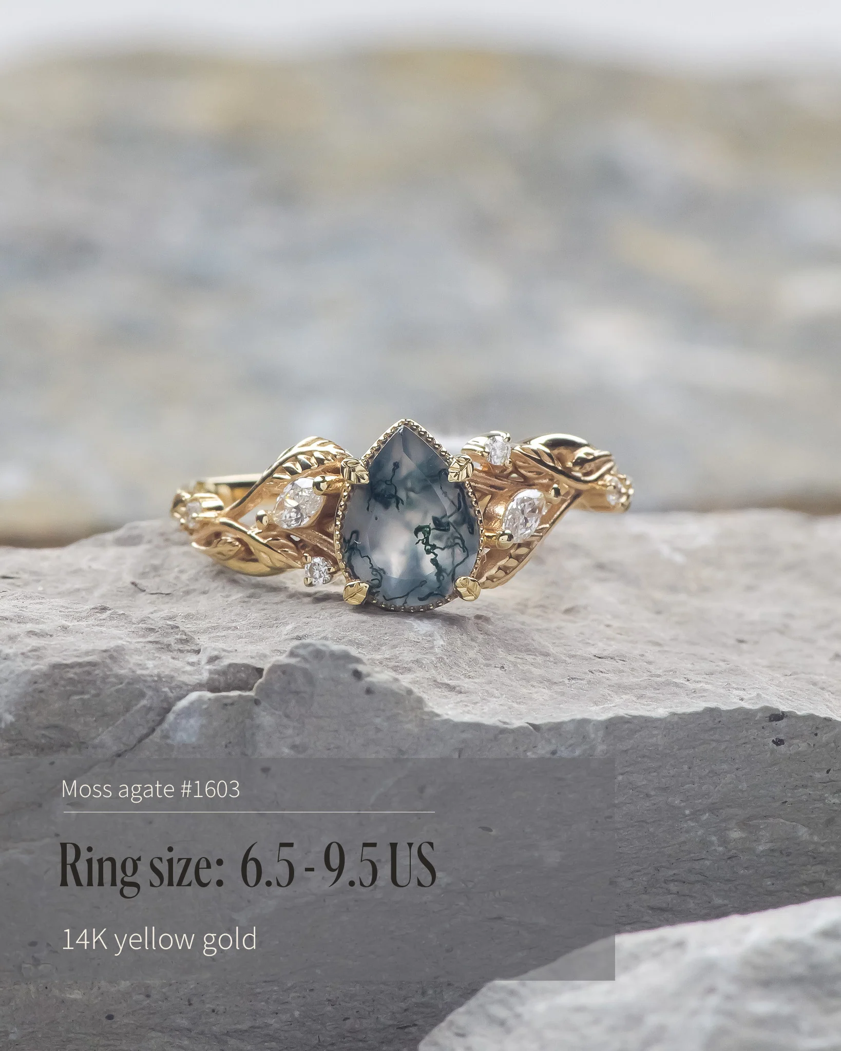 READY TO SHIP Patricia ring in 14K or 18K yellow gold, natural moss agate pear cut 8x6 mm, accent lab grown diamonds, AVAILABLE RING SIZES: 5.5 - 10.5 US - Image 7
