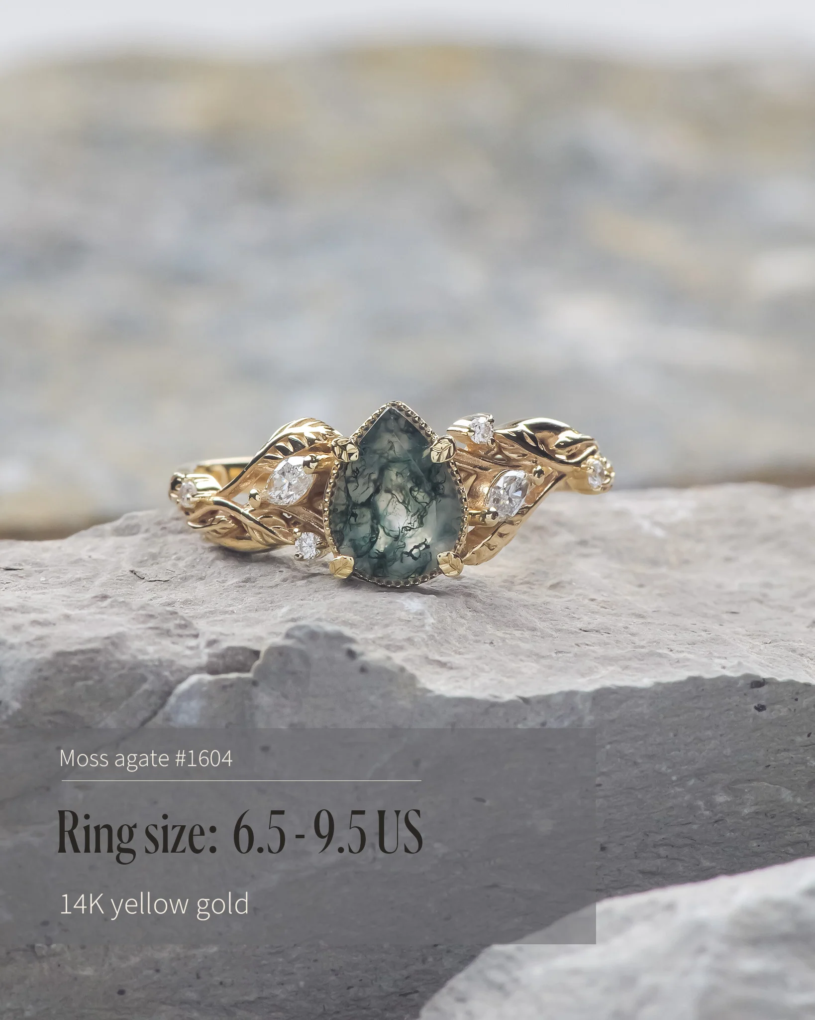 READY TO SHIP Patricia ring in 14K or 18K yellow gold, natural moss agate pear cut 8x6 mm, accent lab grown diamonds, AVAILABLE RING SIZES: 5.5 - 10.5 US - Image 8