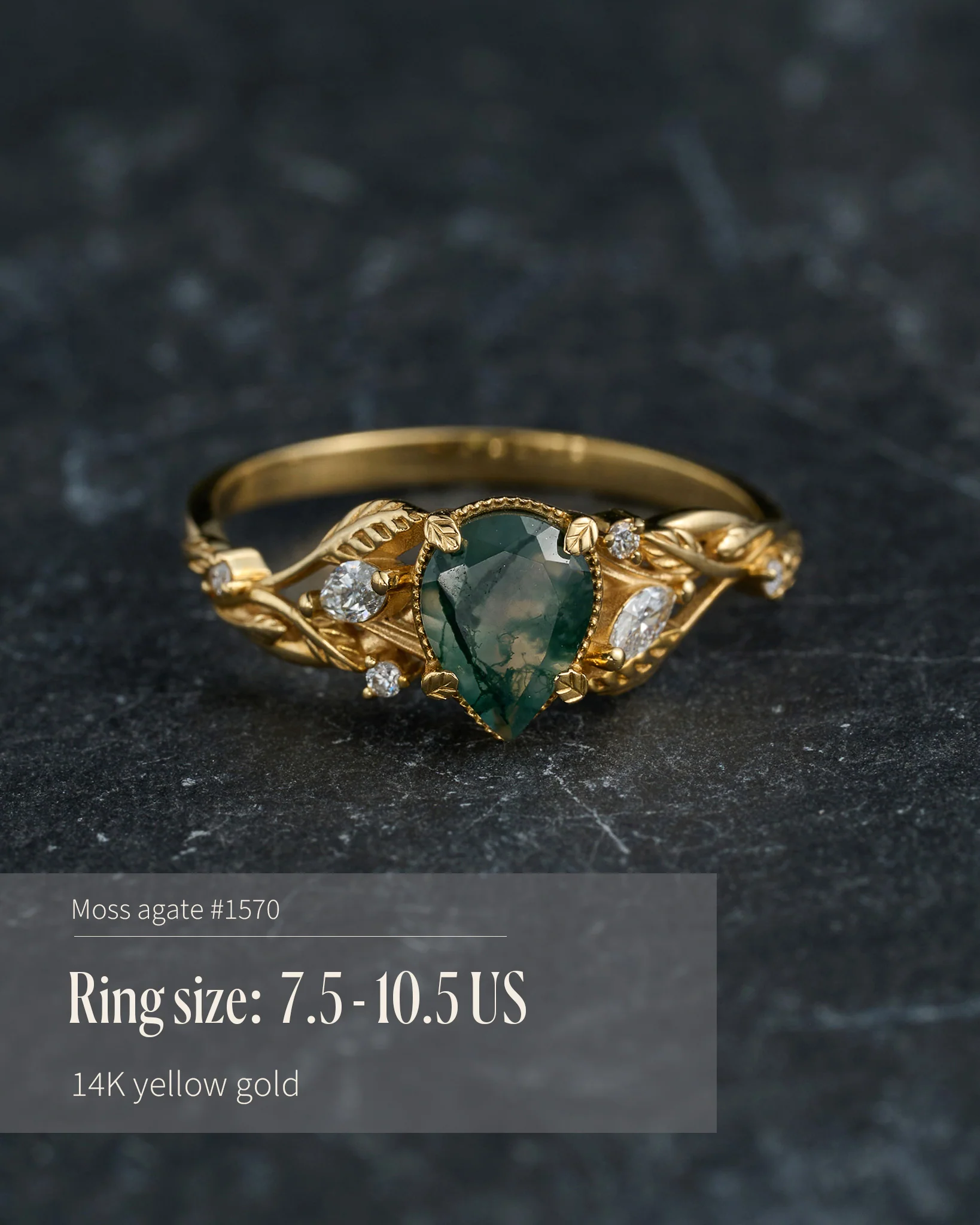 READY TO SHIP Patricia ring in 14K or 18K yellow gold, natural moss agate pear cut 8x6 mm, accent lab grown diamonds, AVAILABLE RING SIZES: 5.5 - 10.5 US - Image 9