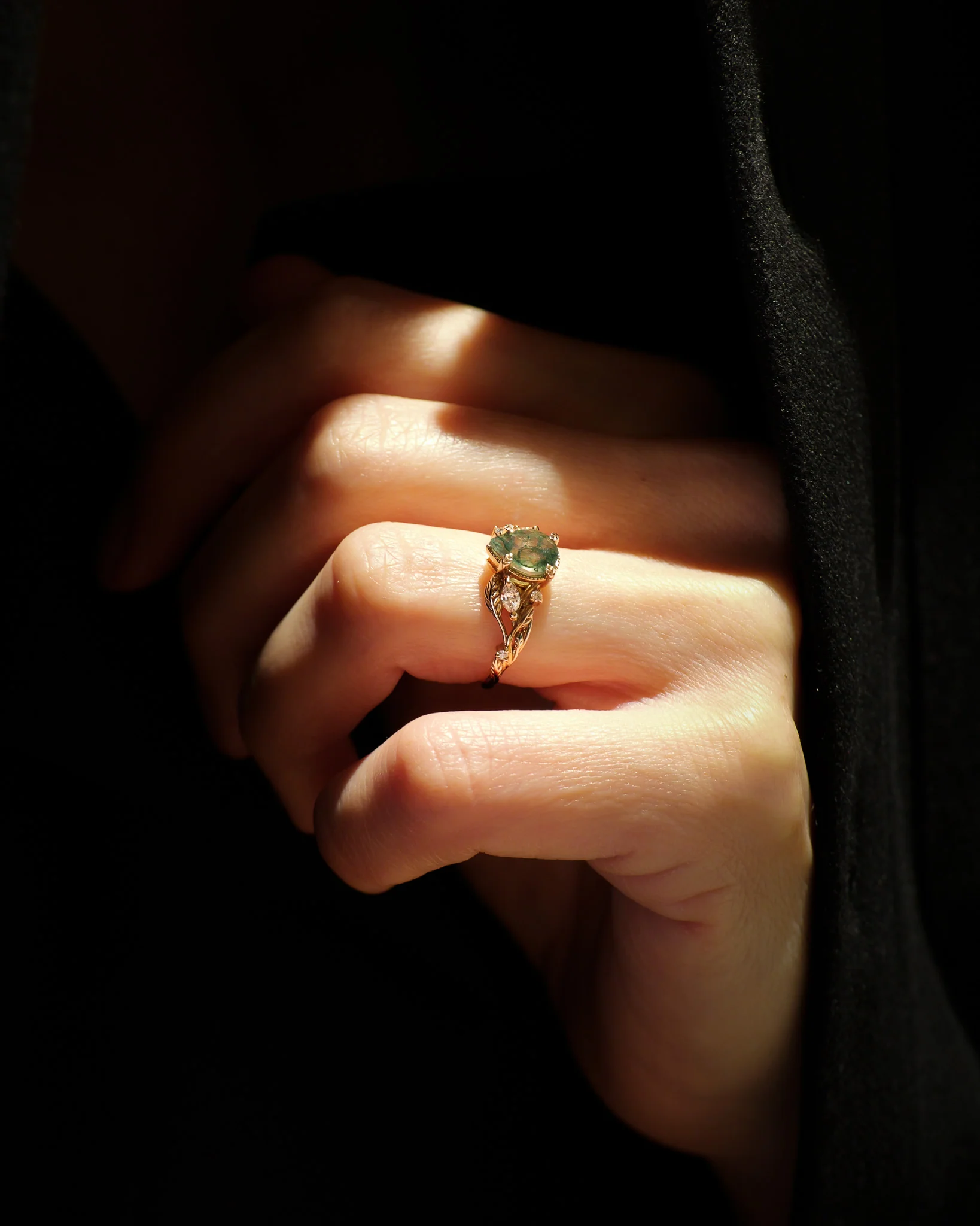 READY TO SHIP Patricia ring in 14K or 18K rose gold, natural moss agate pear cut 8x6 mm, accent lab grown diamonds, AVAILABLE RING SIZES: 4.5 - 9.5 US - Image 9