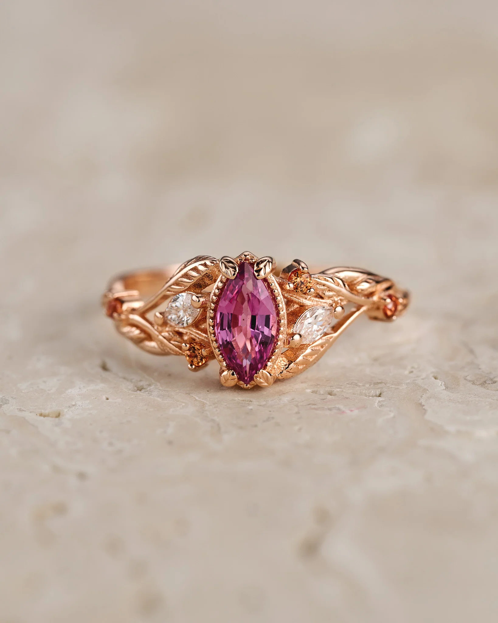 READY TO SHIP Patricia ring in 14K rose gold, marquise-cut sapphire 8x4 mm, accent diamonds & sapphires, AVAILABLE RING SIZES: 5.5 - 8.5 US