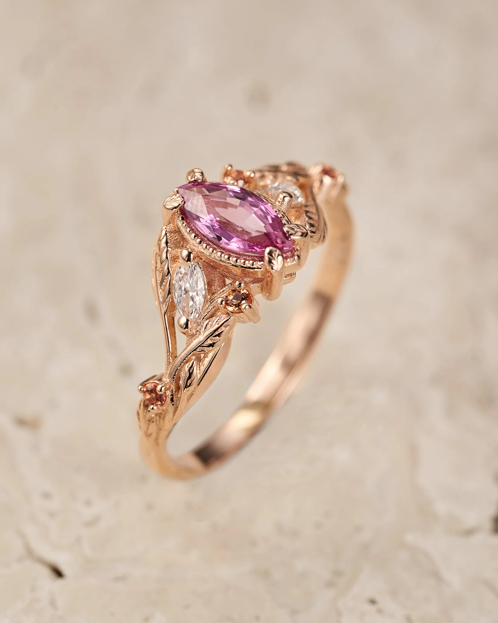 READY TO SHIP Patricia ring in 14K rose gold, marquise-cut sapphire 8x4 mm, accent diamonds & sapphires, AVAILABLE RING SIZES: 5.5 - 8.5 US - Image 2