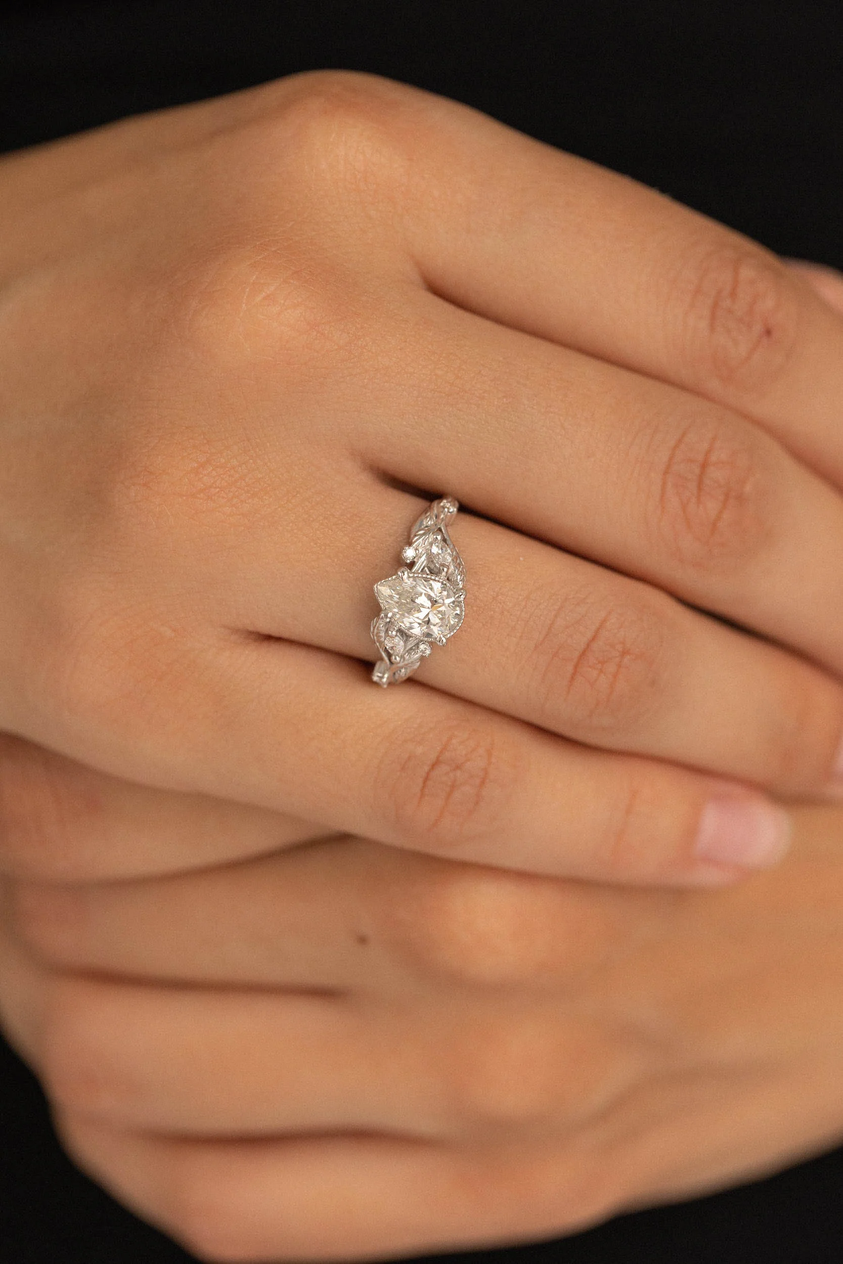READY TO SHIP Patricia ring in 14K white gold, lab grown diamond pear cut 8x6 mm, accent lab grown diamonds, AVAILABLE RING SIZES: 6 - 9 US - Image 4