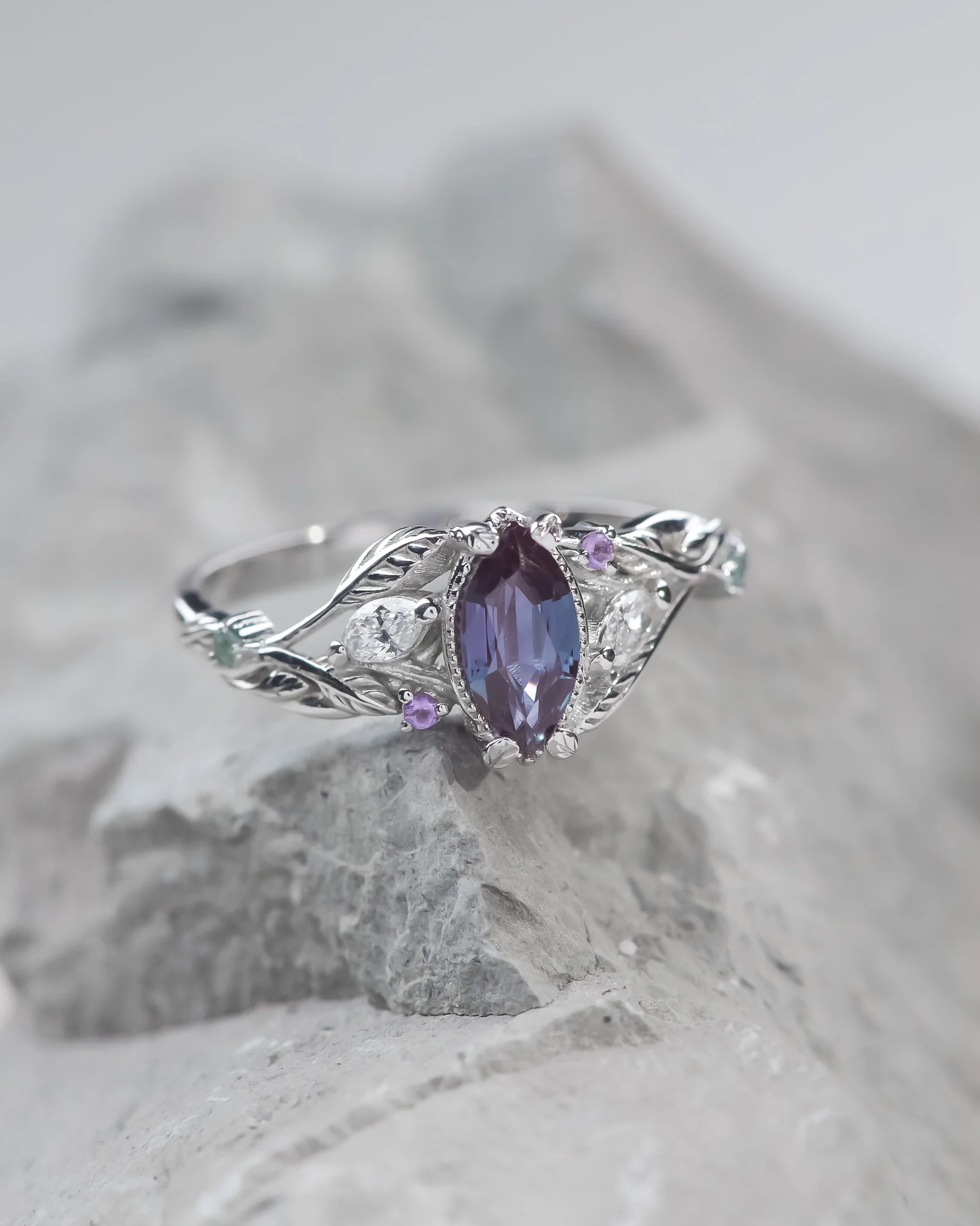 READY TO SHIP Patricia ring in 14K white gold, marquise-cut alexandrite, accent amethysts, alexandrites and diamonds, AVAILABLE RING SIZES: 5.5 - 8.5 US
