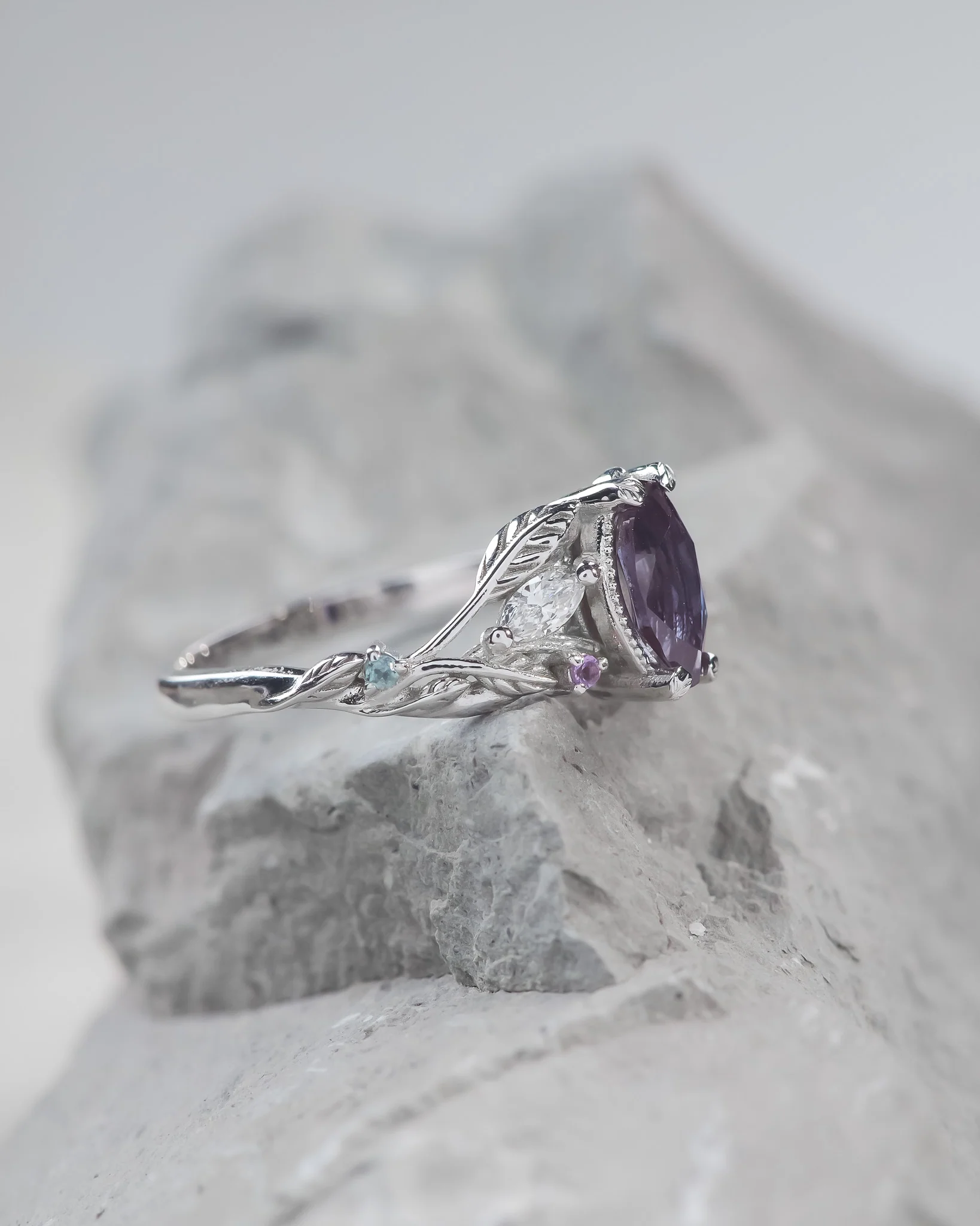 READY TO SHIP Patricia ring in 14K white gold, marquise-cut alexandrite, accent amethysts, alexandrites and diamonds, AVAILABLE RING SIZES: 5.5 - 8.5 US - Image 4