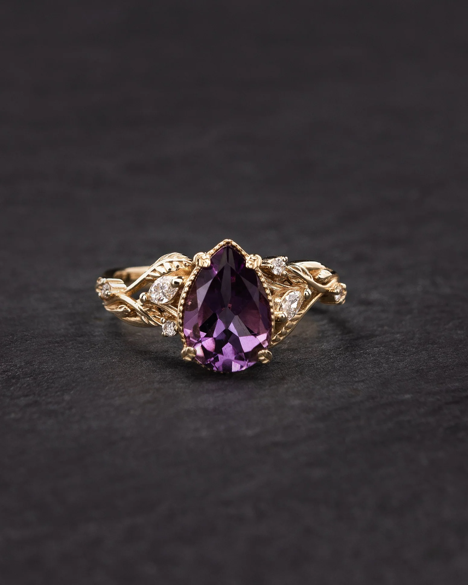 READY TO SHIP: Patricia ring in 14K yellow gold, natural amethyst, pear cut 10x7 mm, accent lab diamonds, AVAILABLE RING SIZES: 5.5 - 8.5 US