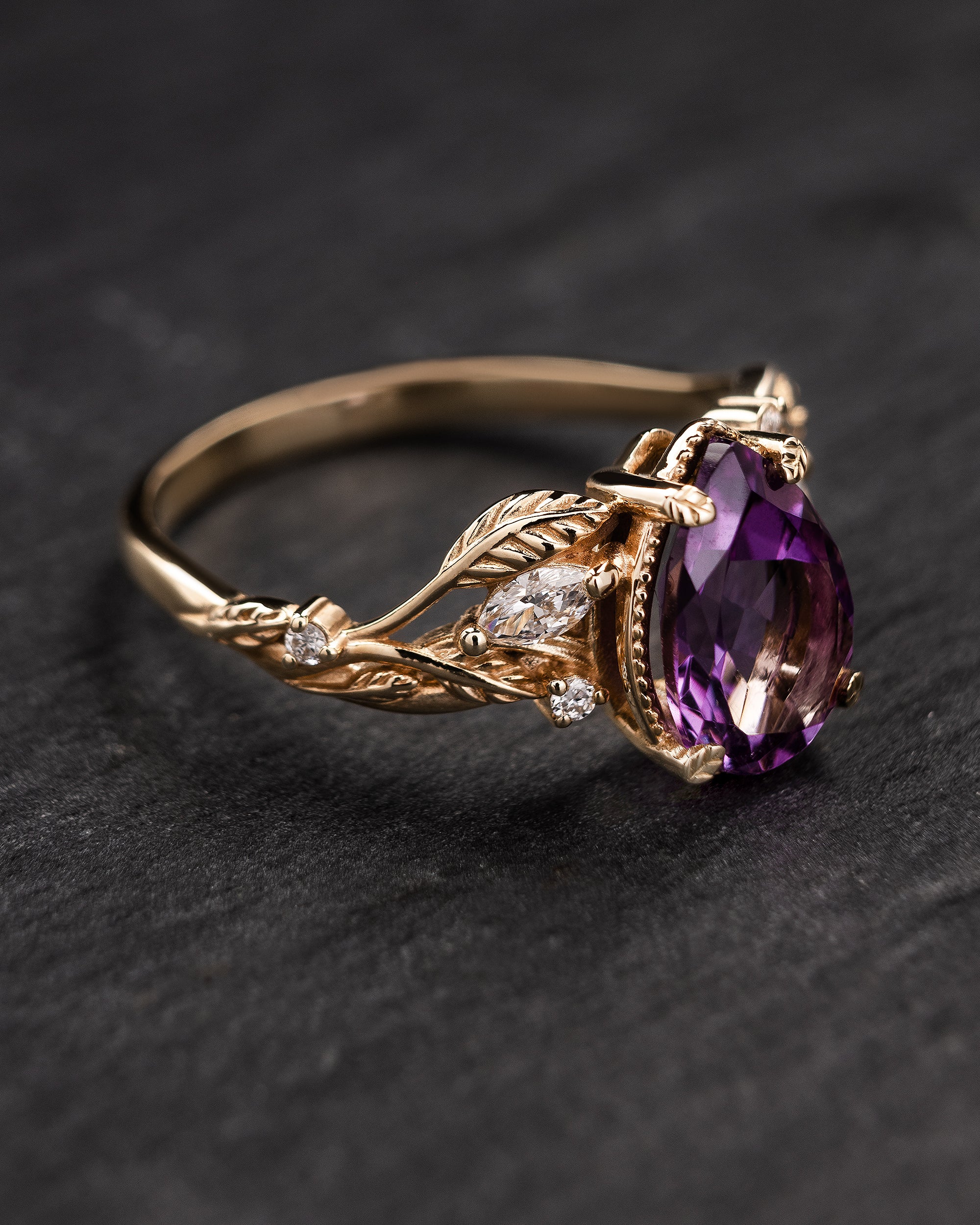READY TO SHIP: Patricia ring in 14K yellow gold, natural amethyst, pear cut 10x7 mm, accent lab diamonds, AVAILABLE RING SIZES: 5.5 - 8.5 US - Image 3