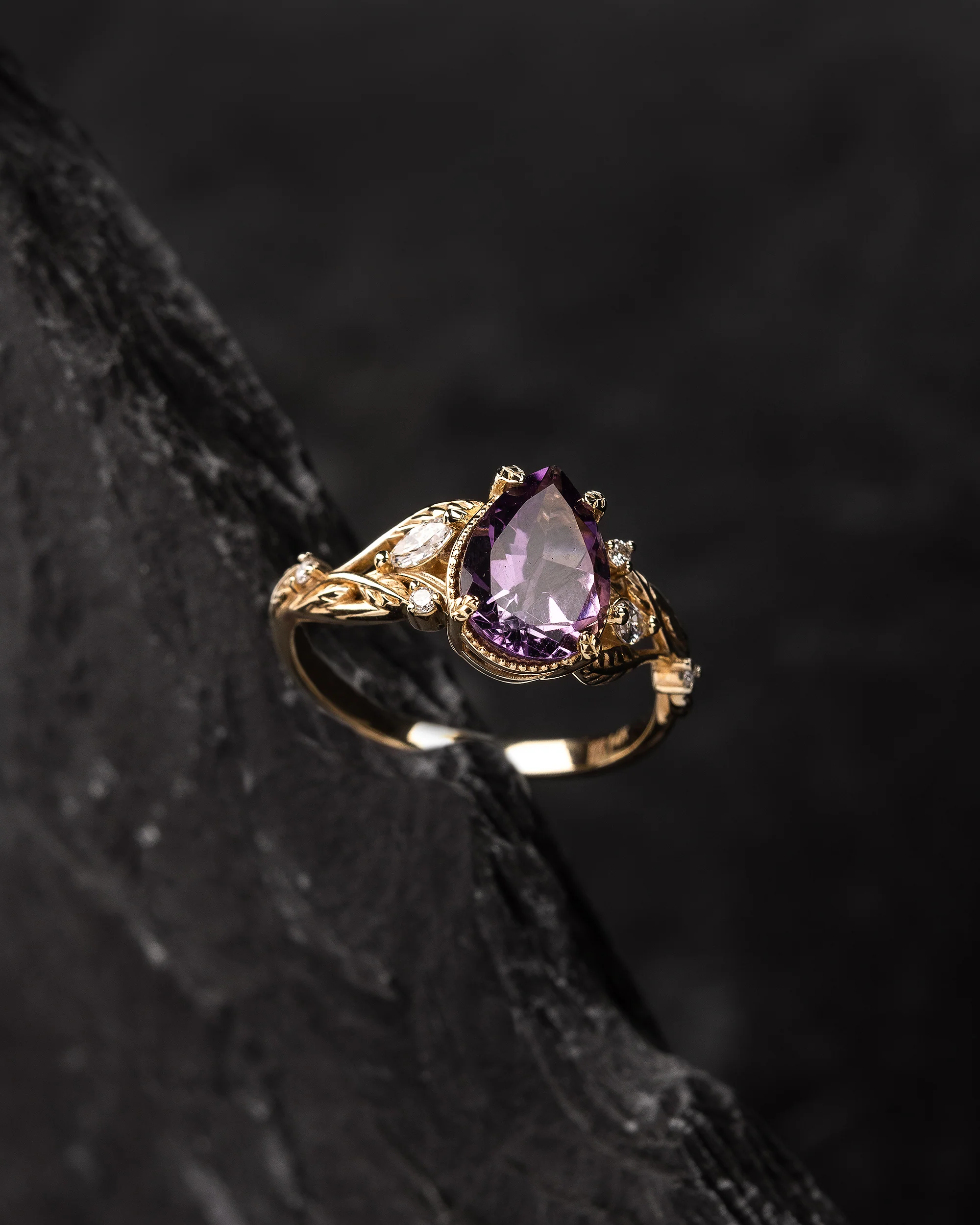 READY TO SHIP: Patricia ring in 14K yellow gold, natural amethyst, pear cut 10x7 mm, accent lab diamonds, AVAILABLE RING SIZES: 5.5 - 8.5 US - Image 4
