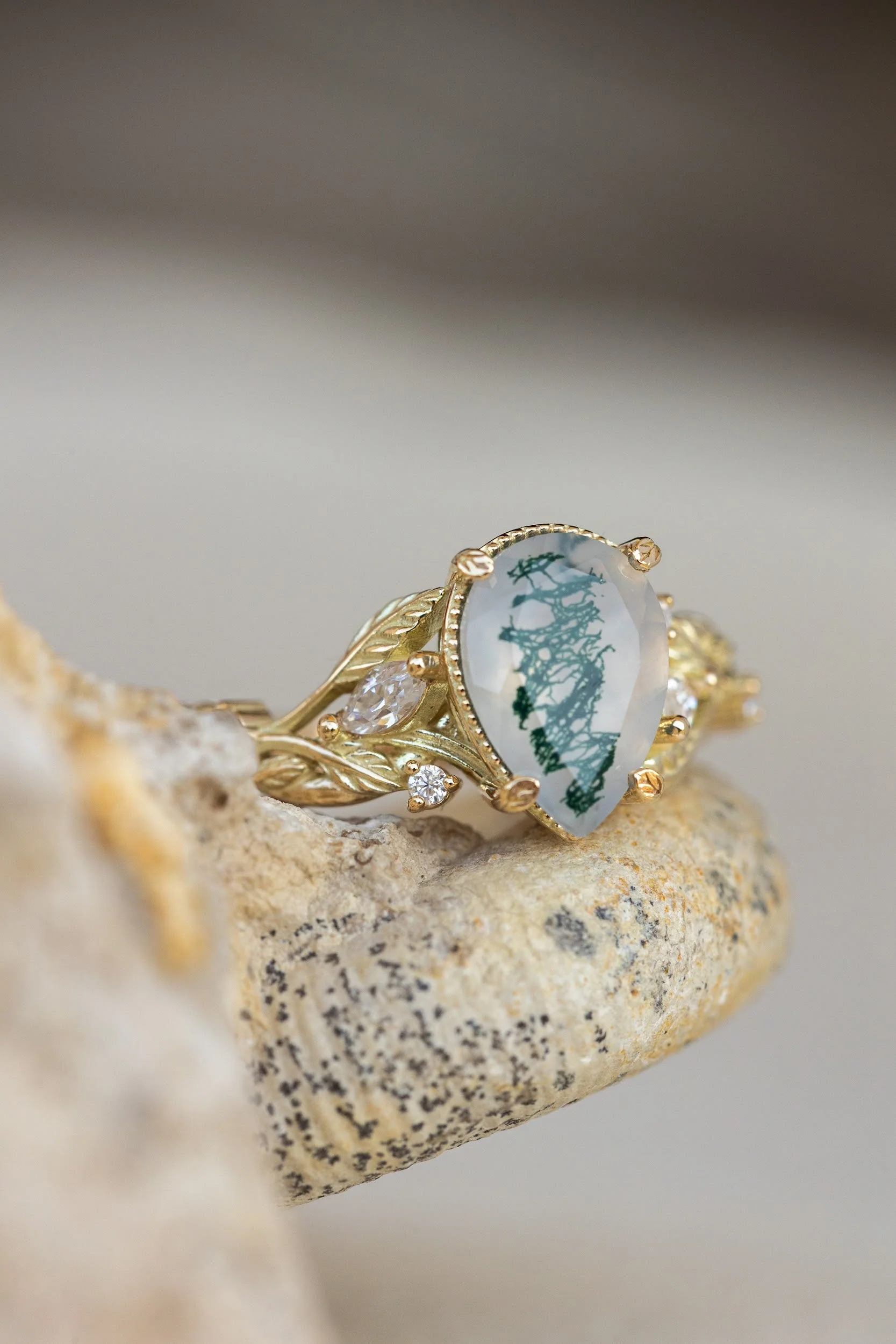 READY TO SHIP Patricia ring in 14K yellow gold, natural moss agate pear cut 10x7 mm, accent moissanites, AVAILABLE RING SIZES: 4.75 - 7.75 US