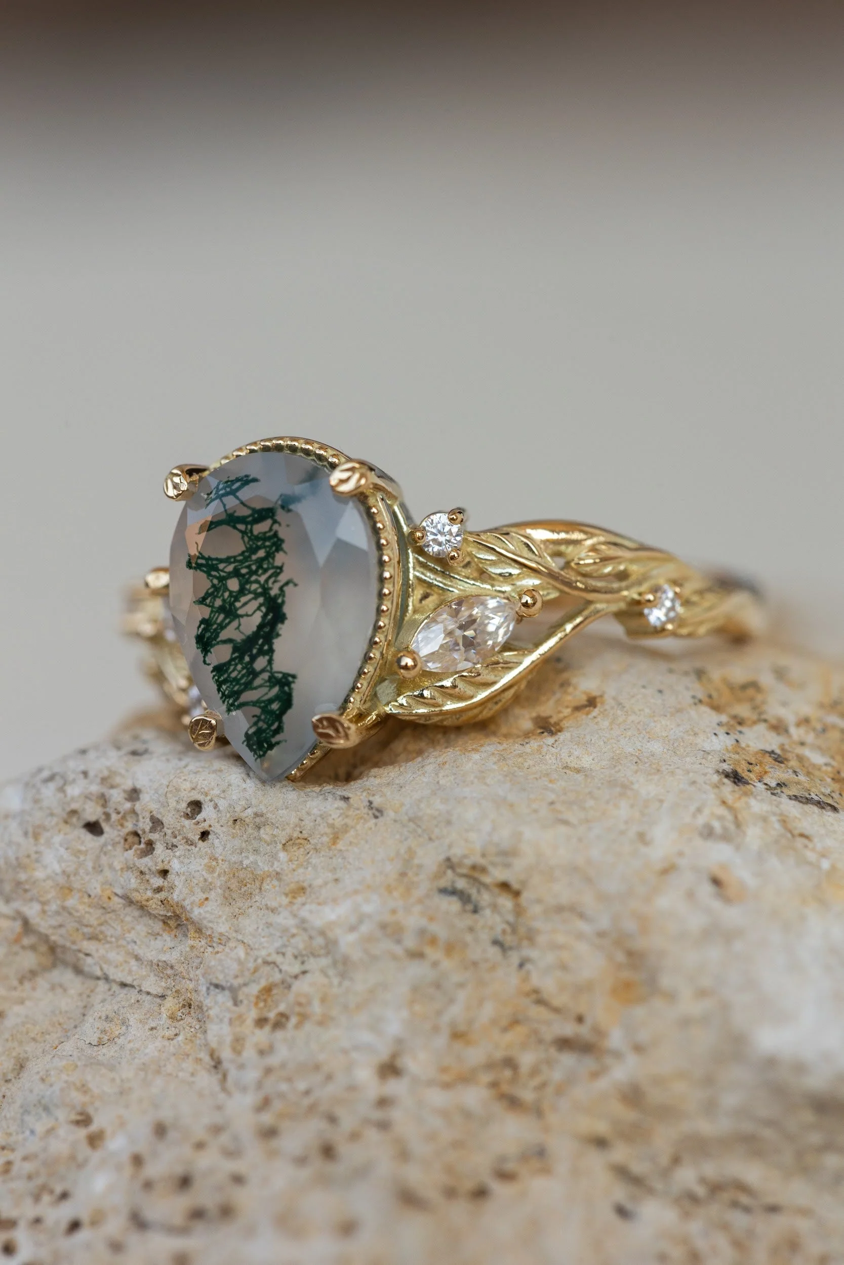 READY TO SHIP Patricia ring in 14K yellow gold, natural moss agate pear cut 10x7 mm, accent moissanites, AVAILABLE RING SIZES: 4.75 - 7.75 US - Image 2