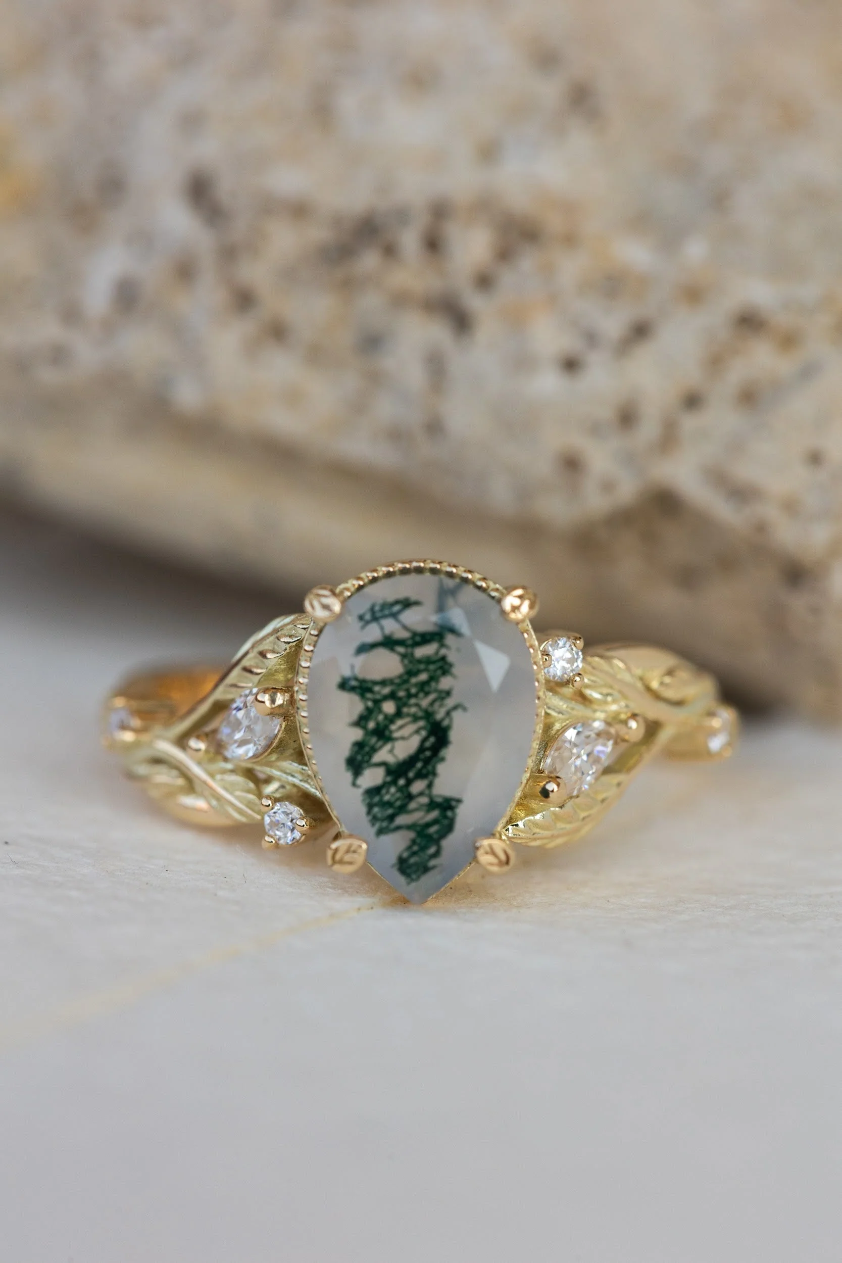 READY TO SHIP Patricia ring in 14K yellow gold, natural moss agate pear cut 10x7 mm, accent moissanites, AVAILABLE RING SIZES: 4.75 - 7.75 US - Image 3