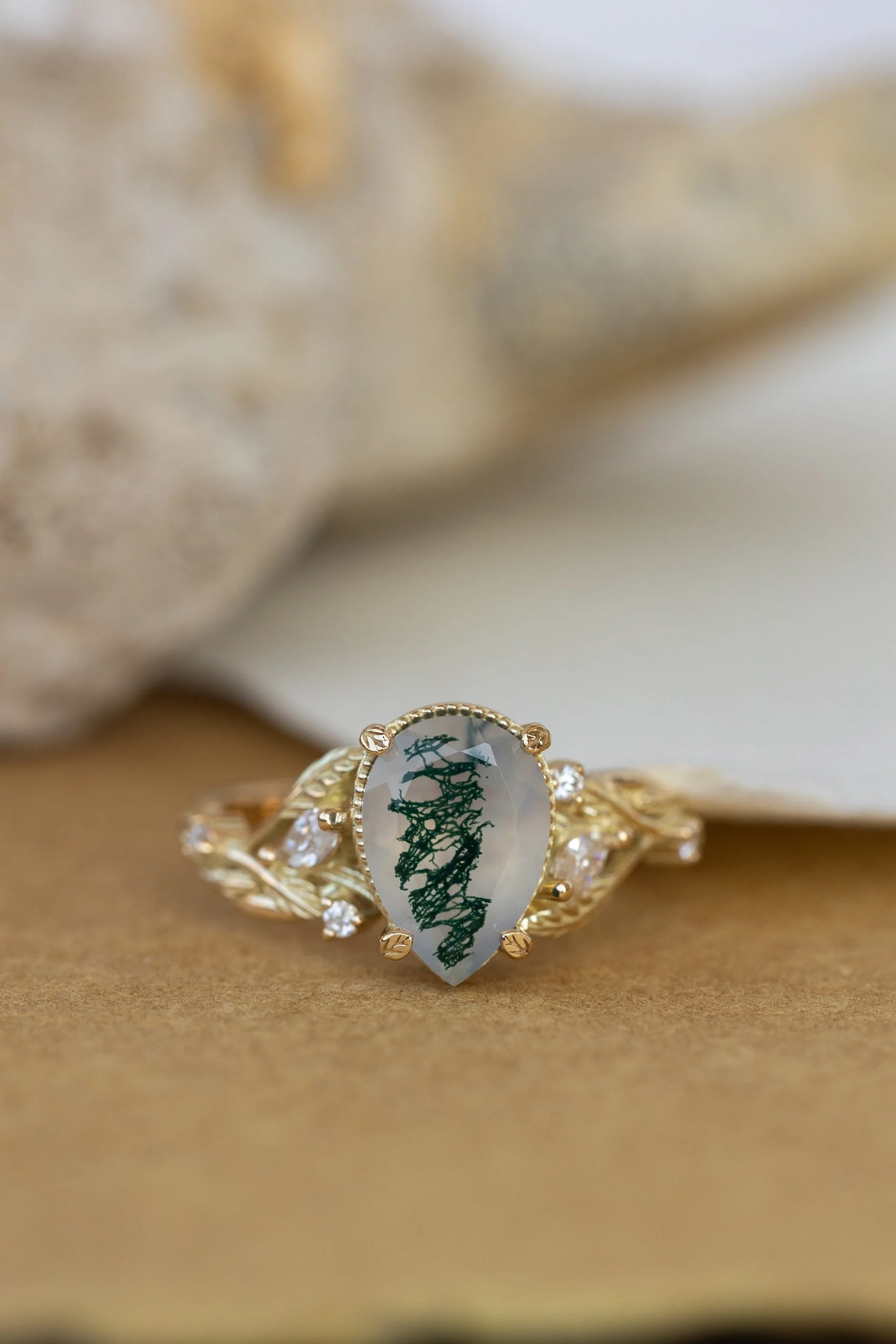 READY TO SHIP Patricia ring in 14K yellow gold, natural moss agate pear cut 10x7 mm, accent moissanites, AVAILABLE RING SIZES: 4.75 - 7.75 US - Image 4