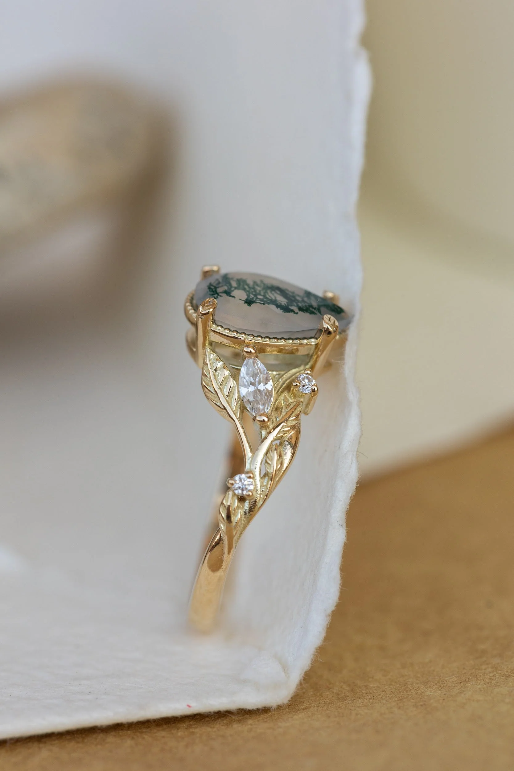 READY TO SHIP Patricia ring in 14K yellow gold, natural moss agate pear cut 10x7 mm, accent moissanites, AVAILABLE RING SIZES: 4.75 - 7.75 US - Image 5