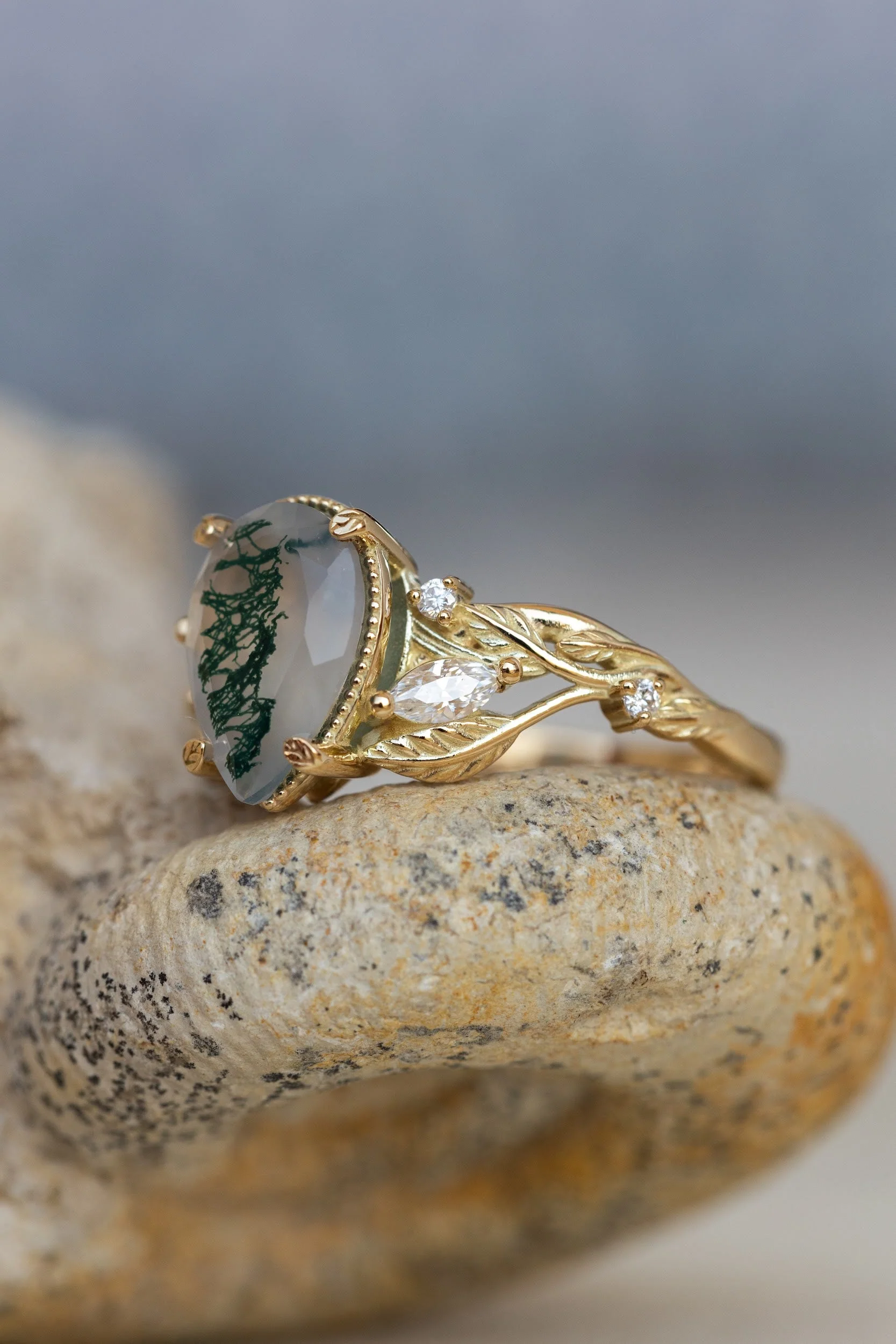 READY TO SHIP Patricia ring in 14K yellow gold, natural moss agate pear cut 10x7 mm, accent moissanites, AVAILABLE RING SIZES: 4.75 - 7.75 US - Image 6