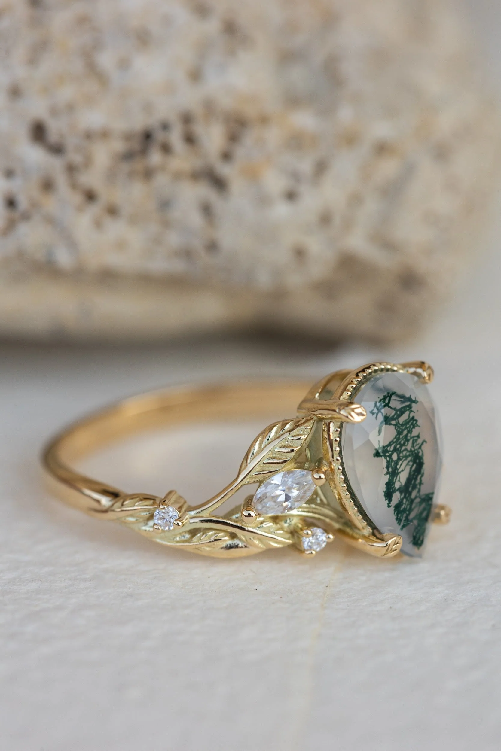 READY TO SHIP Patricia ring in 14K yellow gold, natural moss agate pear cut 10x7 mm, accent moissanites, AVAILABLE RING SIZES: 4.75 - 7.75 US - Image 7