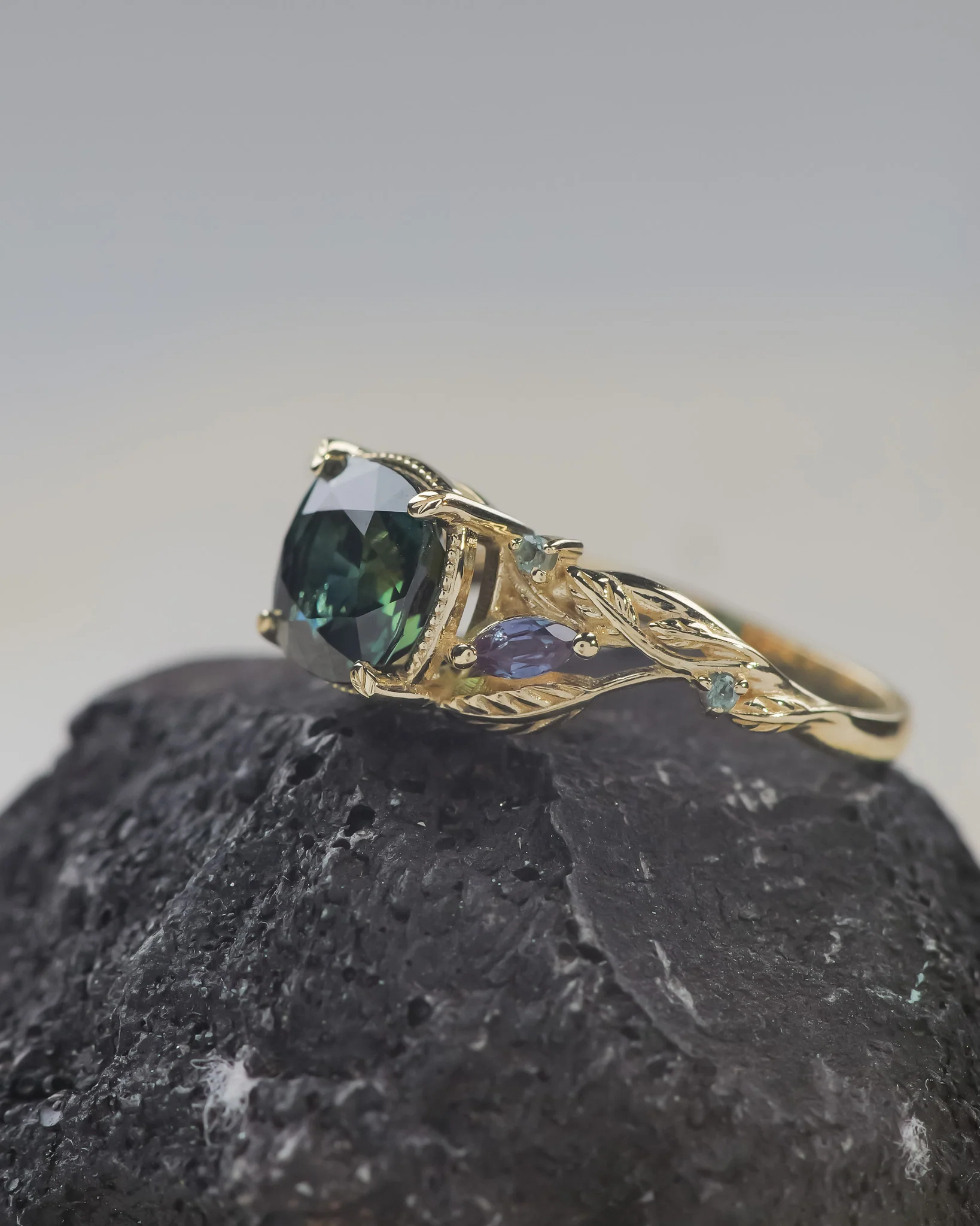 READY TO SHIP Patricia ring in 14K yellow gold, cushion cut teal sapphire with accent alexandrites, AVAILABLE RING SIZES: 5.5 - 8.5 US - Image 3