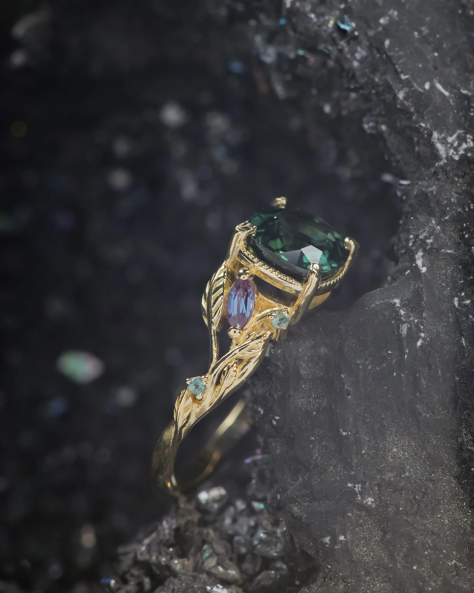 READY TO SHIP Patricia ring in 14K yellow gold, cushion cut teal sapphire with accent alexandrites, AVAILABLE RING SIZES: 5.5 - 8.5 US - Image 4