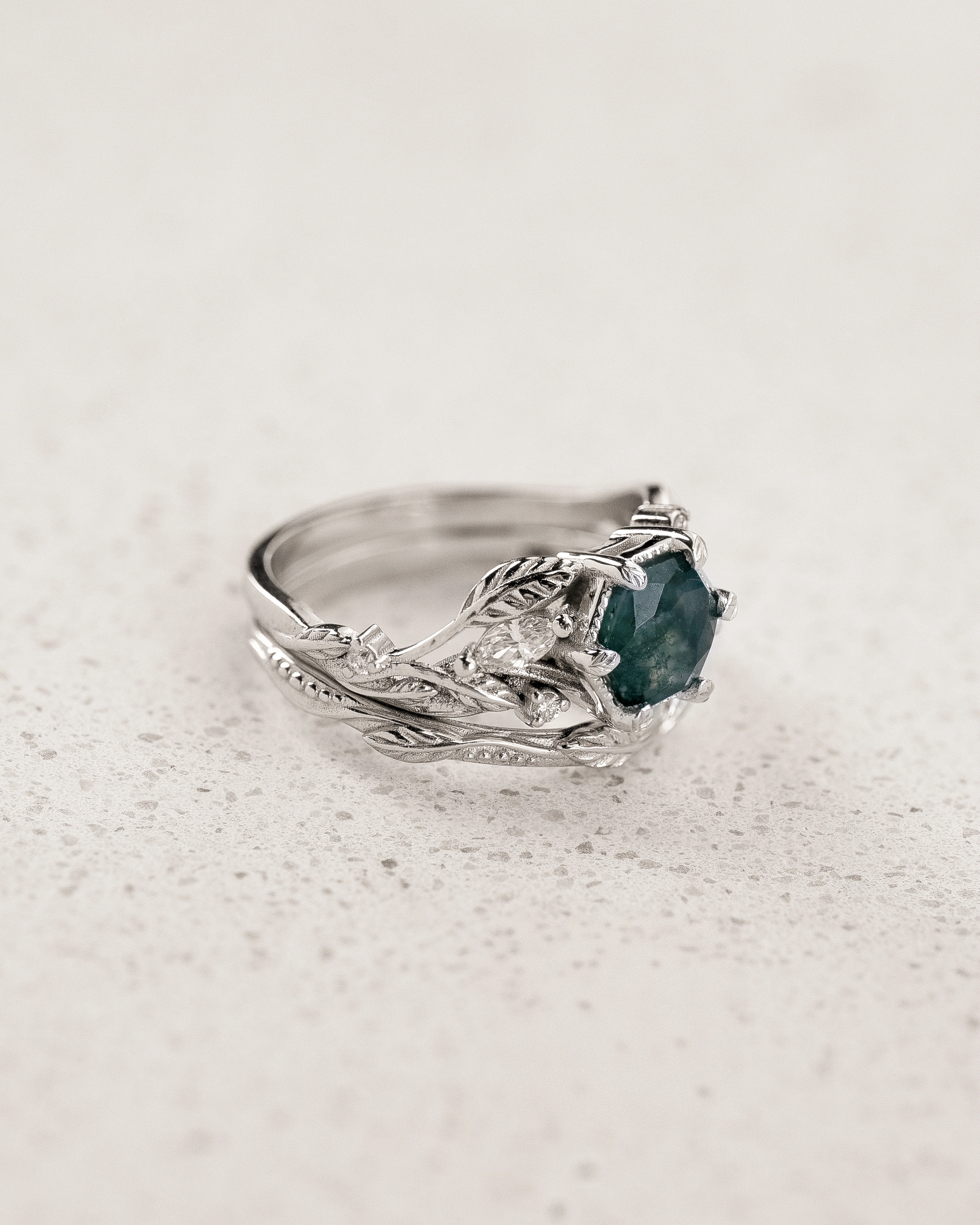 READY TO SHIP Patricia ring set with moss agate, 14K white gold, AVAILABLE RING SIZES: 3.5 - 6.5 US - Image 5
