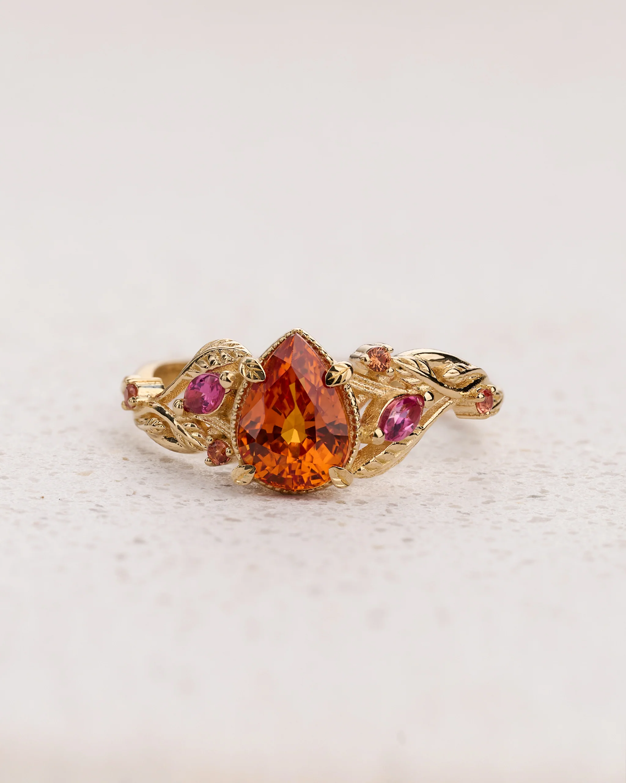 READY TO SHIP Patricia ring with orange 8x6mm sapphire and accent sapphires & tourmalines, 14K yellow gold, AVAILABLE RING SIZES: 5.5 - 8.5 US