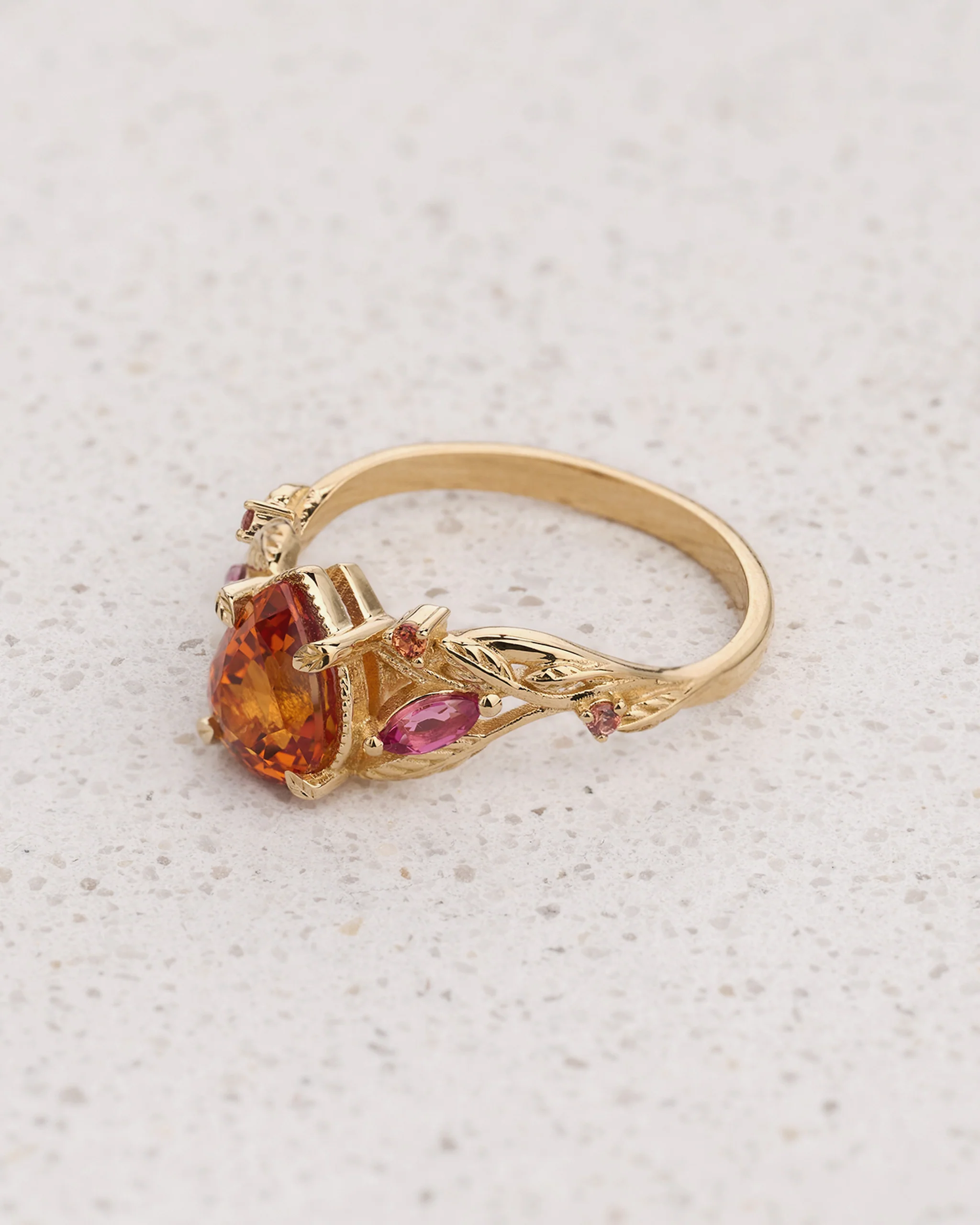 READY TO SHIP Patricia ring with orange 8x6mm sapphire and accent sapphires & tourmalines, 14K yellow gold, AVAILABLE RING SIZES: 5.5 - 8.5 US - Image 3