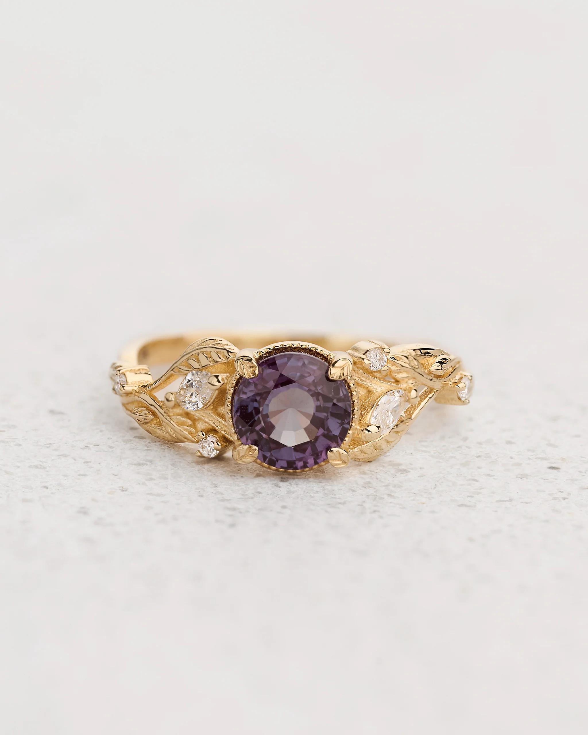 READY TO SHIP Patricia ring with round alexandrite and accent lab diamonds, 14K yellow gold, AVAILABLE RING SIZES: 5.5 - 8.5 US