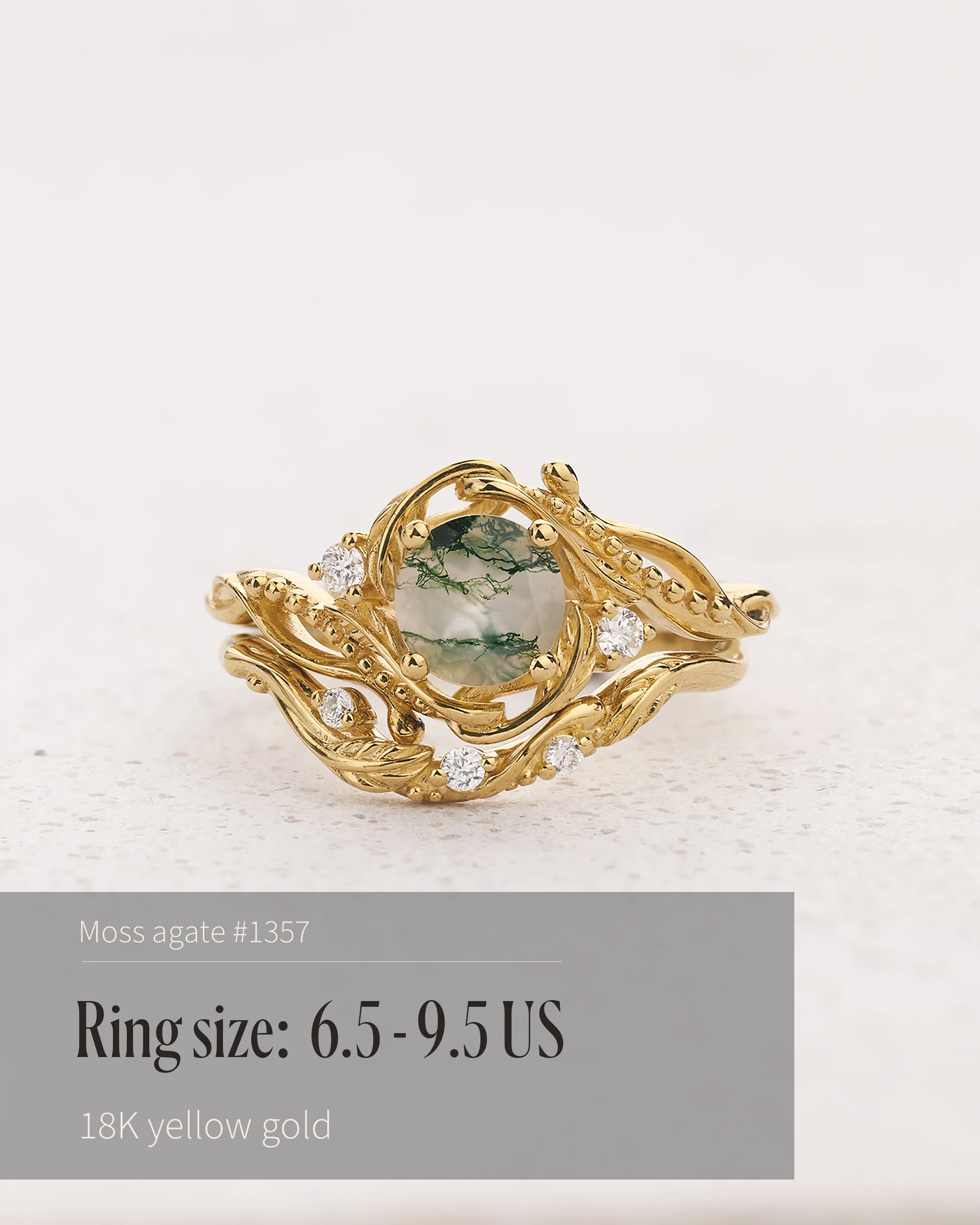 READY TO SHIP Bridal set Undina beautifully crafted in 14K or 18K yellow gold with moss agate and lab-grown diamonds, AVAILABLE RING SIZES: 6.5 - 9.5 US - Image 2