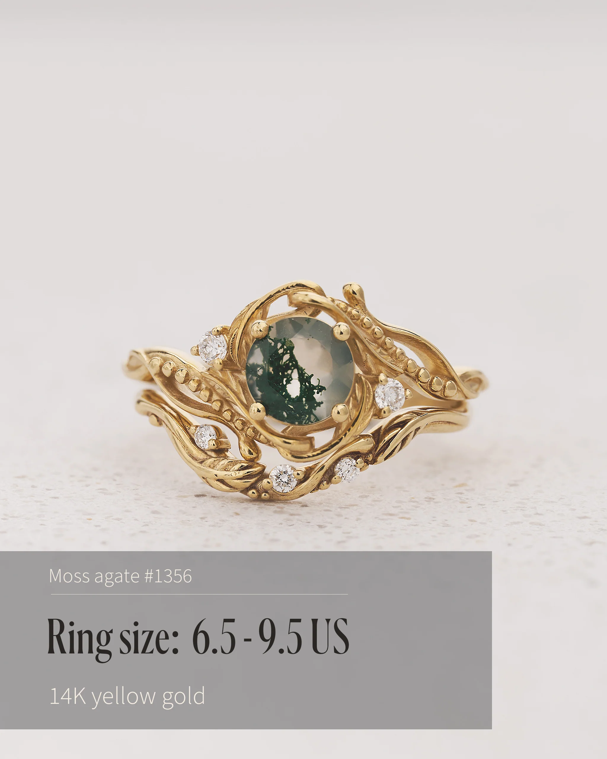 READY TO SHIP Bridal set Undina beautifully crafted in 14K or 18K yellow gold with moss agate and lab-grown diamonds, AVAILABLE RING SIZES: 6.5 - 9.5 US - Image 3
