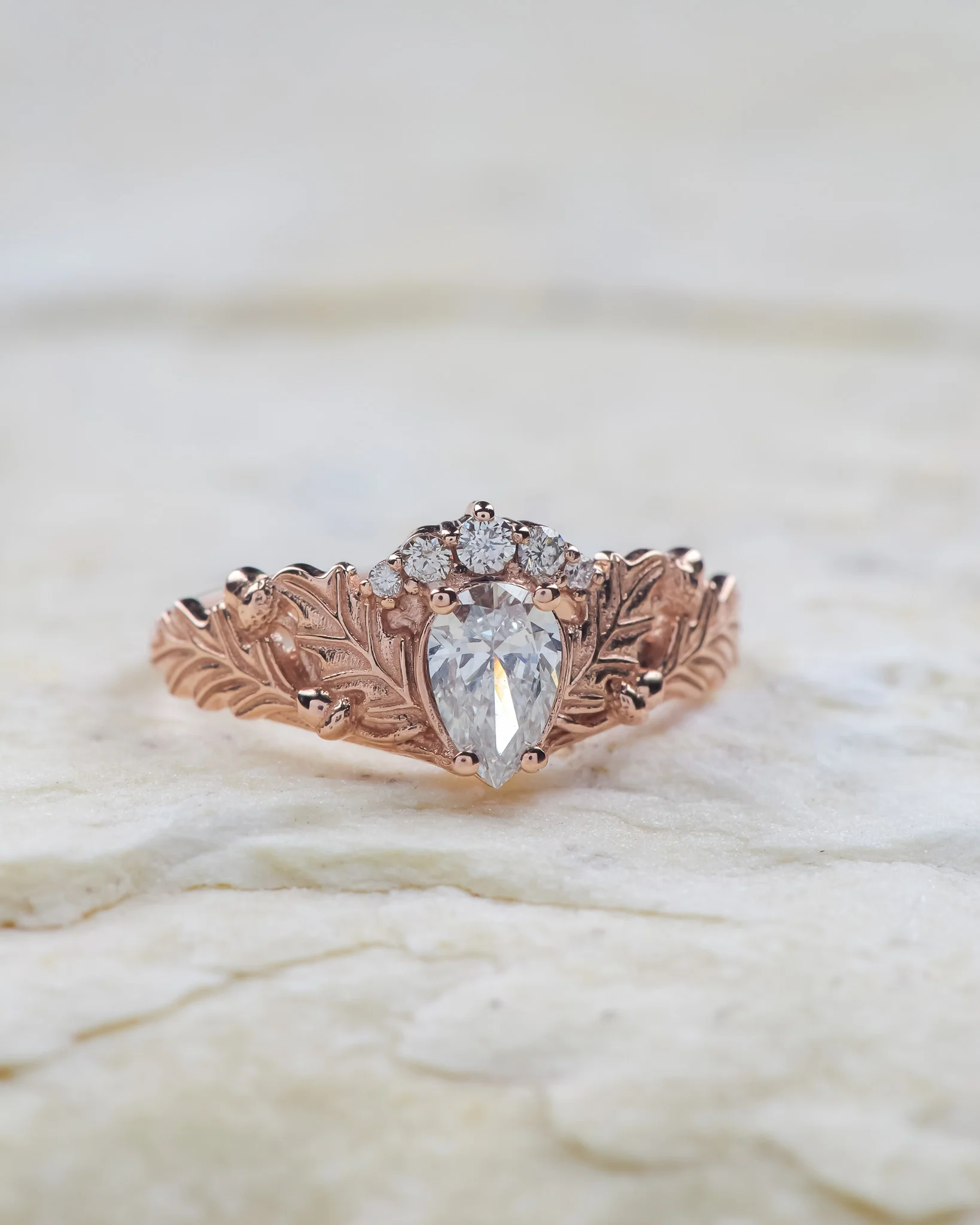READY TO SHIP Royal oak ring in 14K rose gold, lab diamond pear cut 7x5 mm, accent natural diamonds, AVAILABLE RING SIZES: 5.5 - 8.5 US