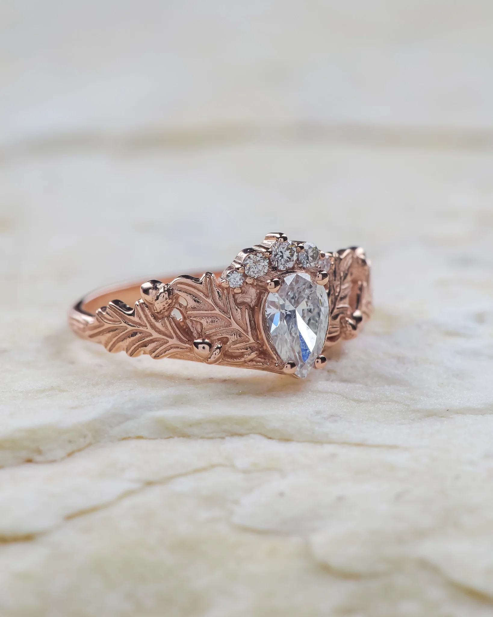 READY TO SHIP Royal oak ring in 14K rose gold, lab diamond pear cut 7x5 mm, accent natural diamonds, AVAILABLE RING SIZES: 5.5 - 8.5 US - Image 2