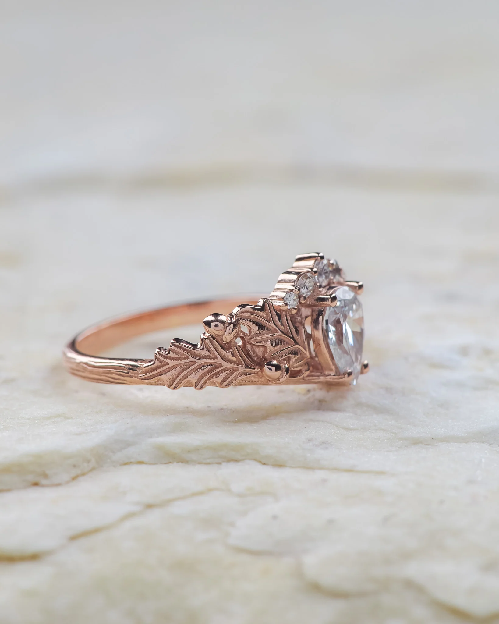 READY TO SHIP Royal oak ring in 14K rose gold, lab diamond pear cut 7x5 mm, accent natural diamonds, AVAILABLE RING SIZES: 5.5 - 8.5 US - Image 3
