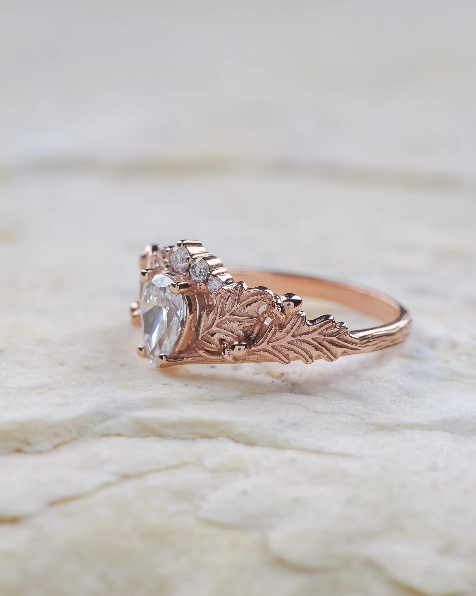 READY TO SHIP Royal oak ring in 14K rose gold, lab diamond pear cut 7x5 mm, accent natural diamonds, AVAILABLE RING SIZES: 5.5 - 8.5 US - Image 4